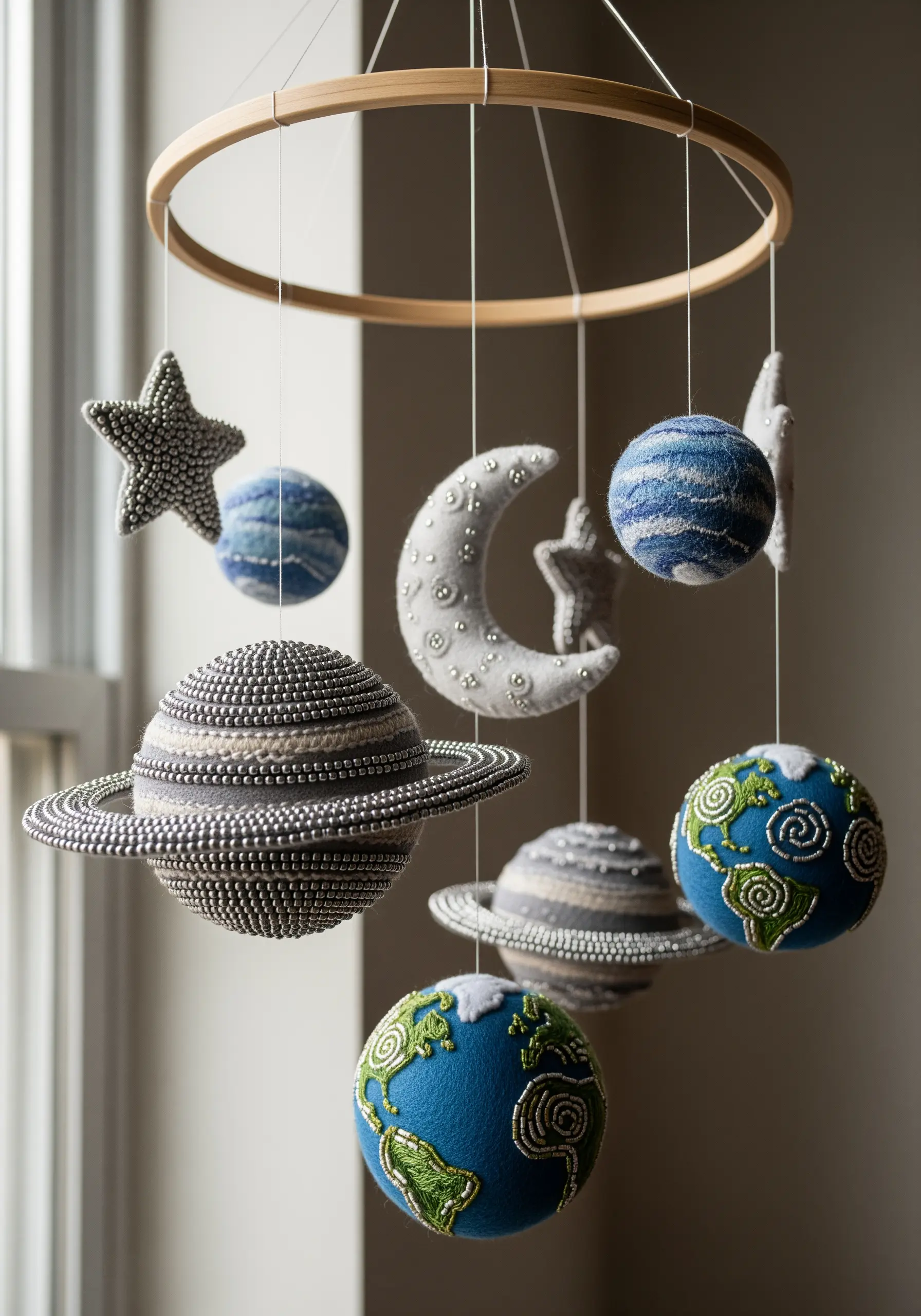 A nursery mobile with hand-stitched and beaded planets, moons, and stars hanging from a hoop.