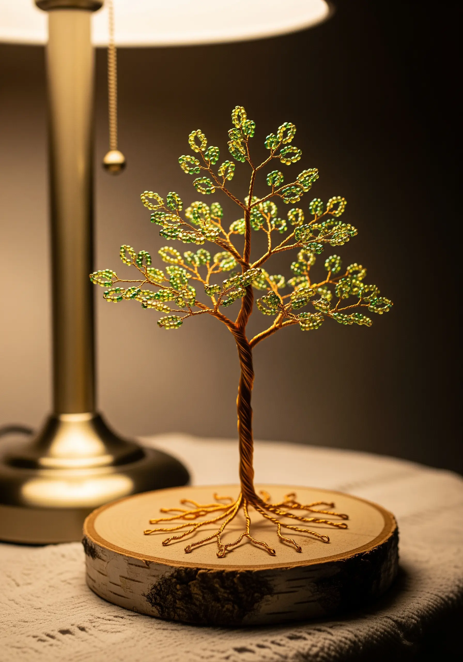 A miniature tree sculpted from twisted copper wire with green and yellow beaded leaves.