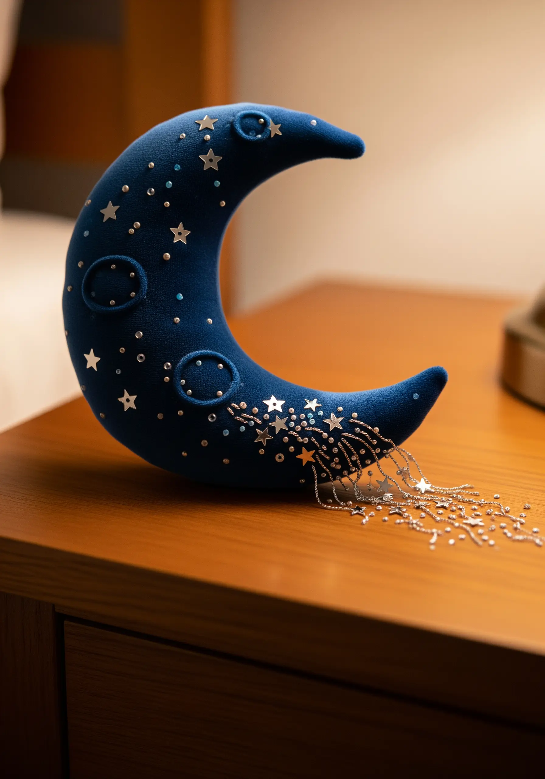 A plush blue crescent moon pillow embellished with silver beads, stars, and cascading chains.