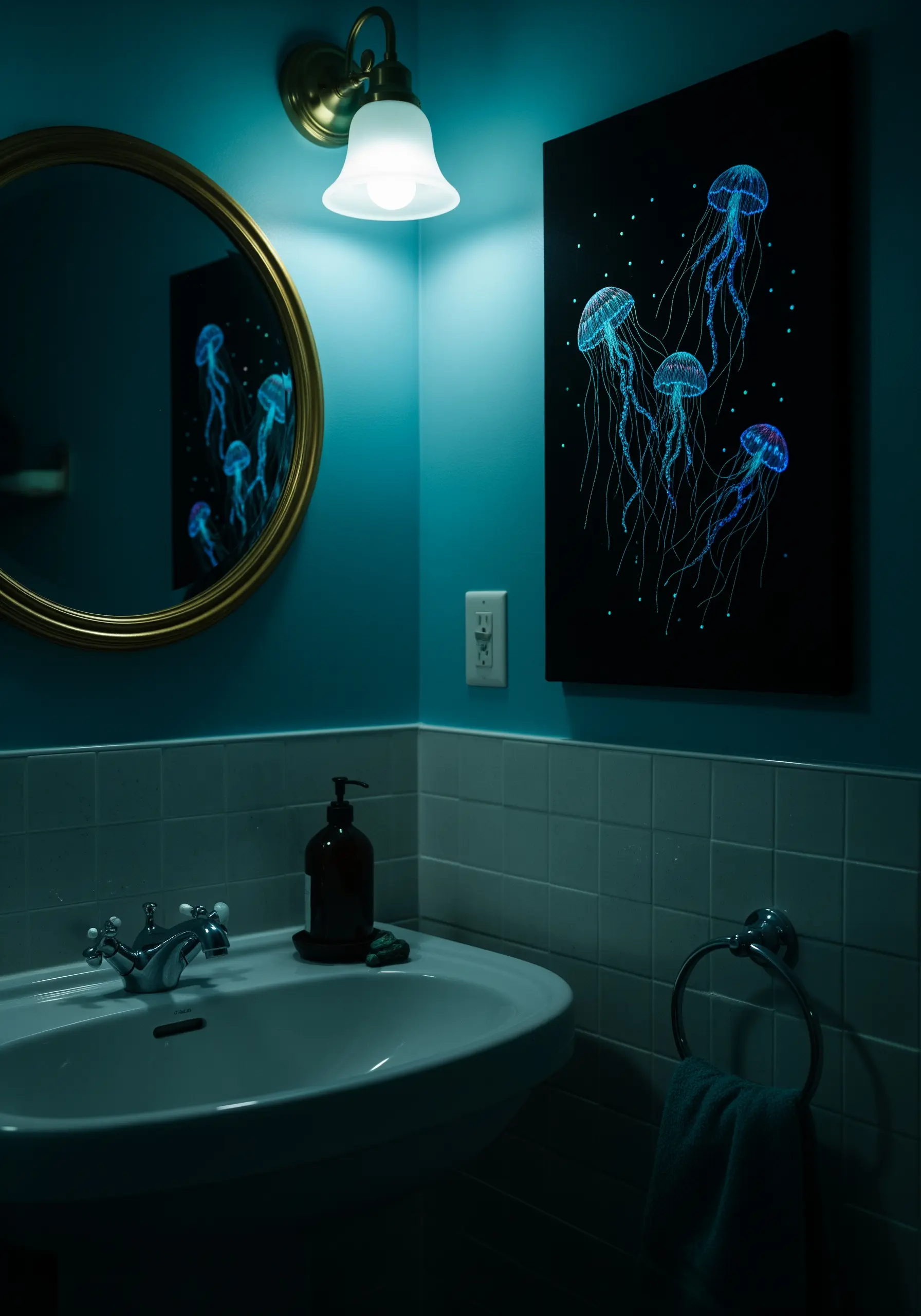 Embroidered jellyfish that glow in the dark, stitched on black canvas.