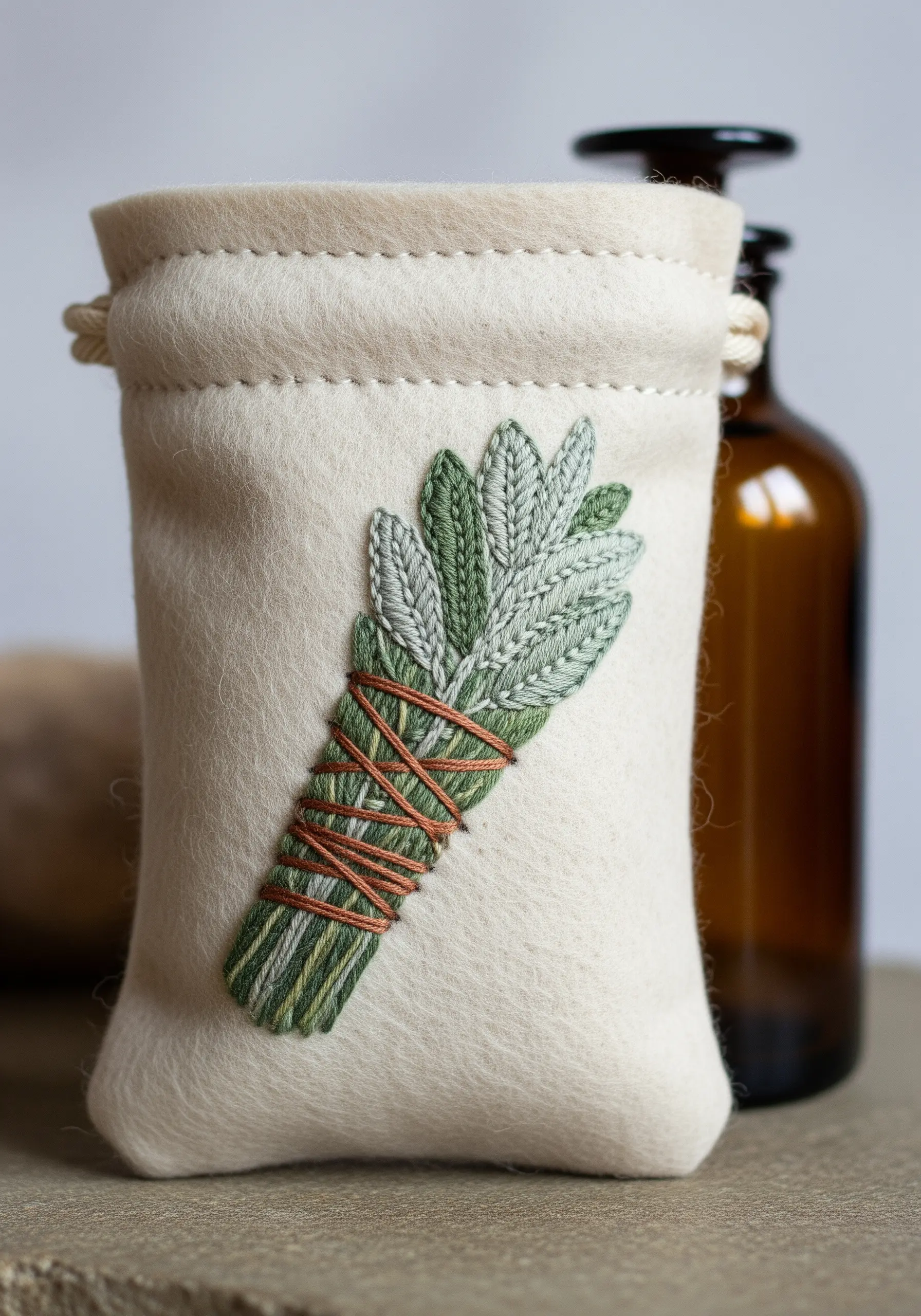 A detailed embroidery of a sage smudge stick with color-blended leaves and couched string.