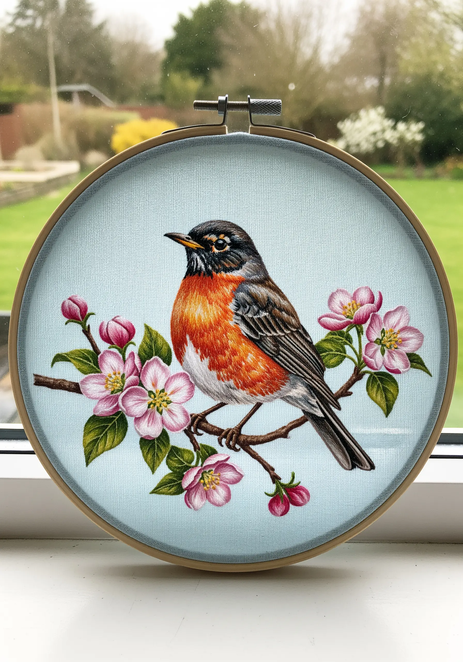 A realistic embroidery of a robin on a branch, showing a smoothly blended orange breast.