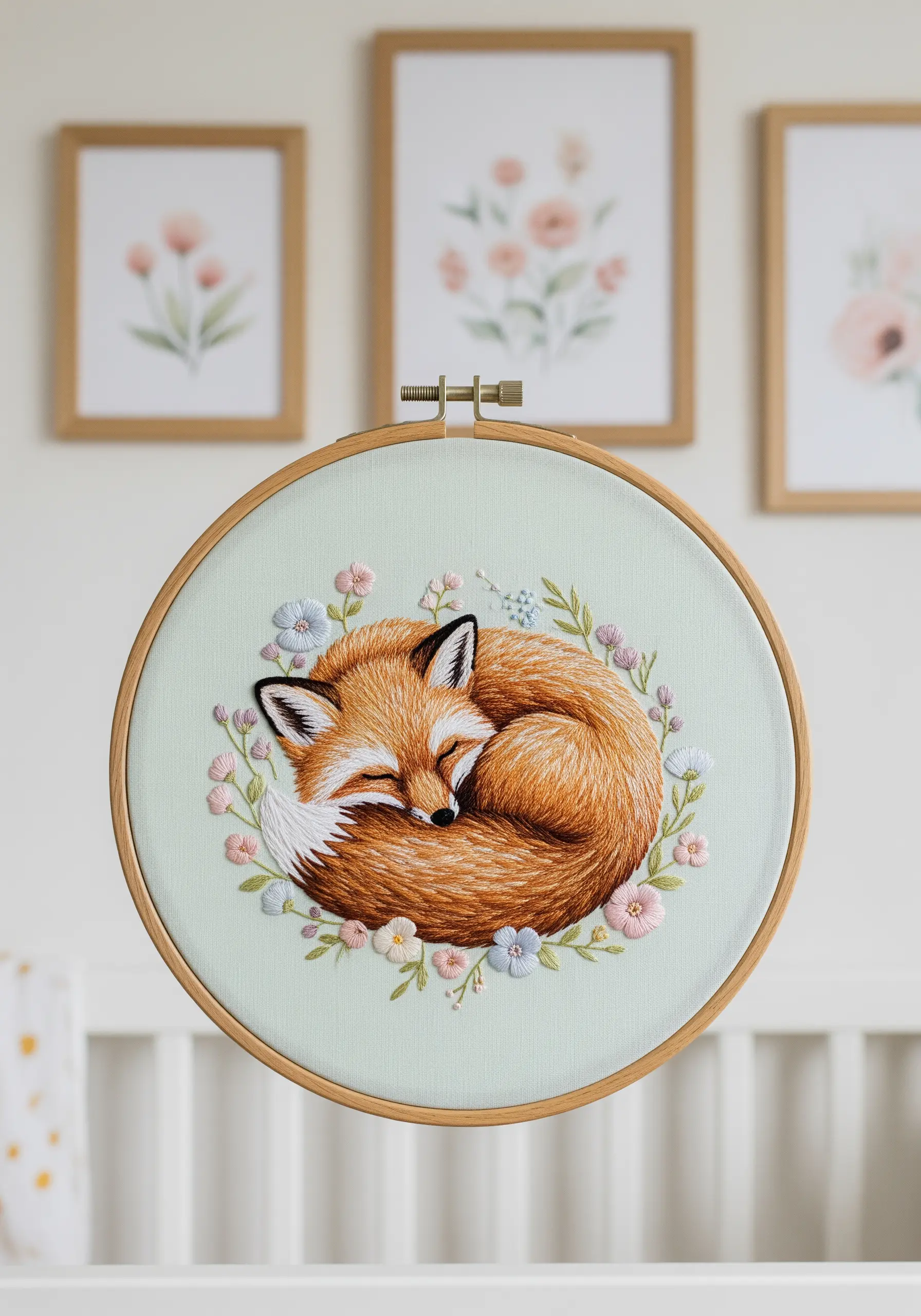 Embroidery hoop art of a sleeping fox curled up inside a wreath of pastel flowers.