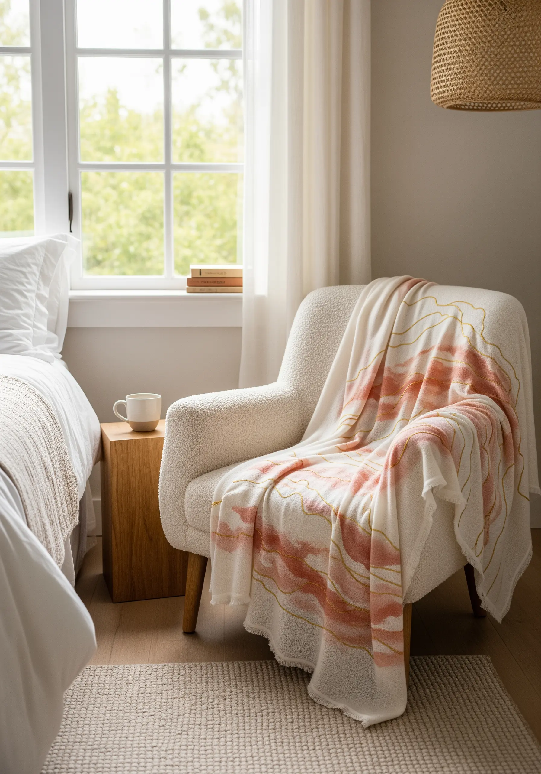 Abstract watercolor-style embroidery in pink with a fine gold metallic outline on a throw blanket.