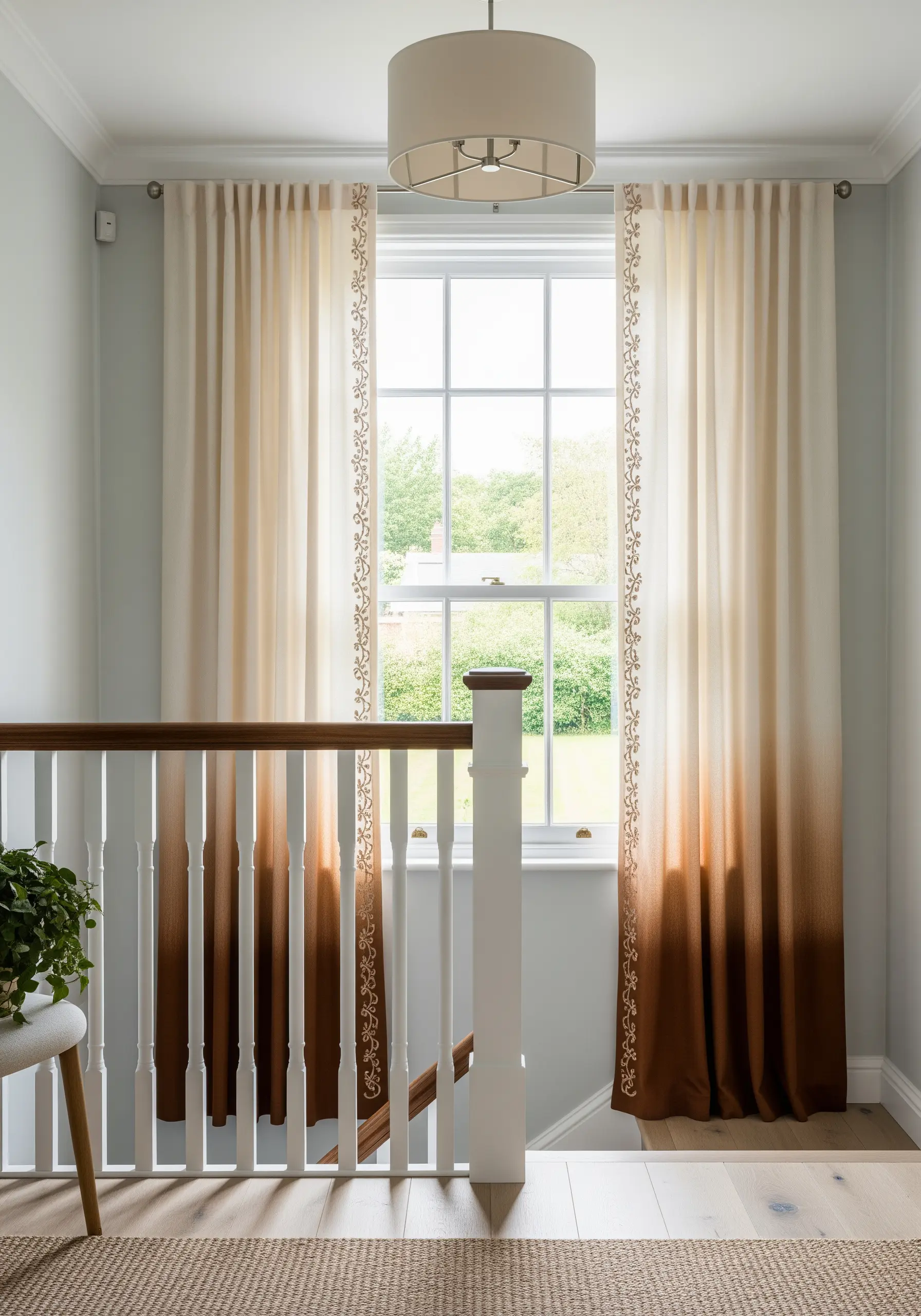 A gradient ombré effect from clay to cream with floral outlines on a curtain.