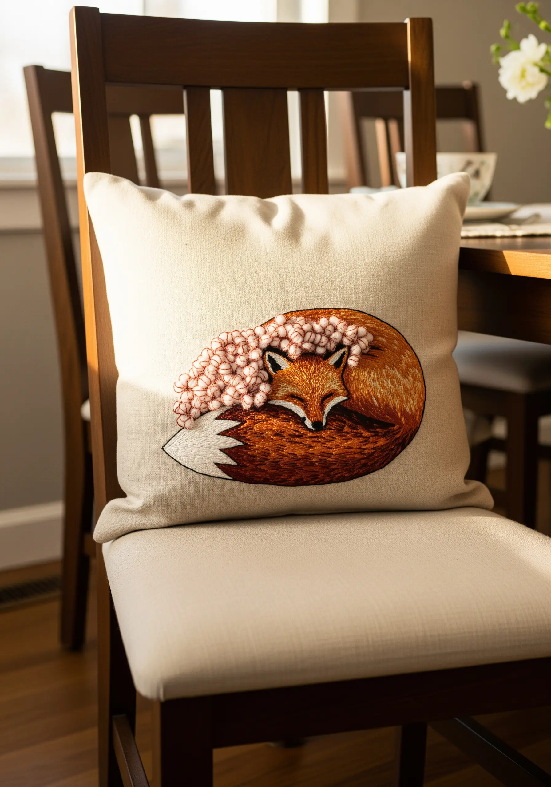An embroidered sleeping fox with a floral tail on a cream pillow.