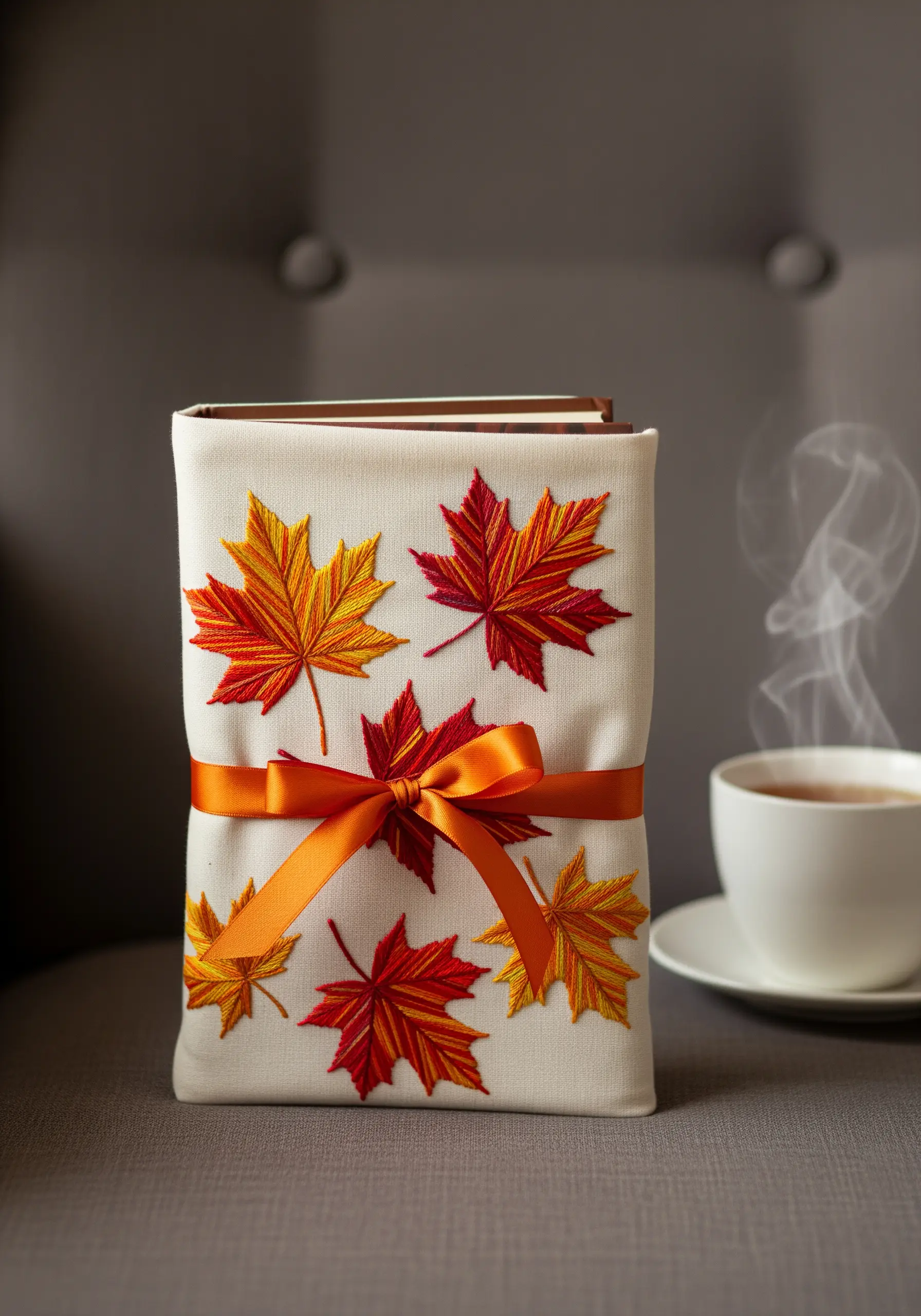 Several embroidered maple leaves with red, orange, and yellow blended threads on a book cover.