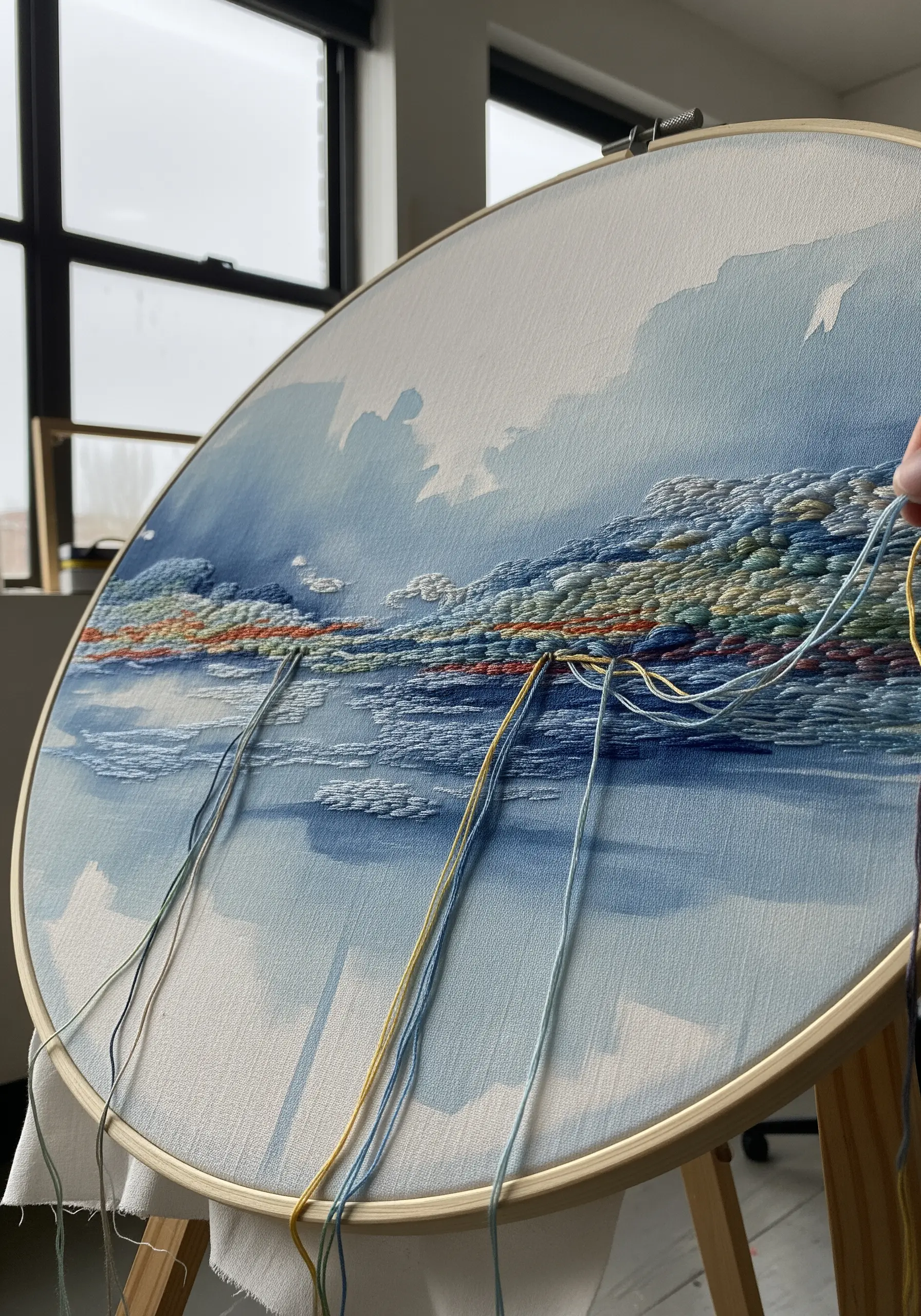 An abstract, painterly landscape in an oversized hoop, combining watercolor fabric paint and embroidery.