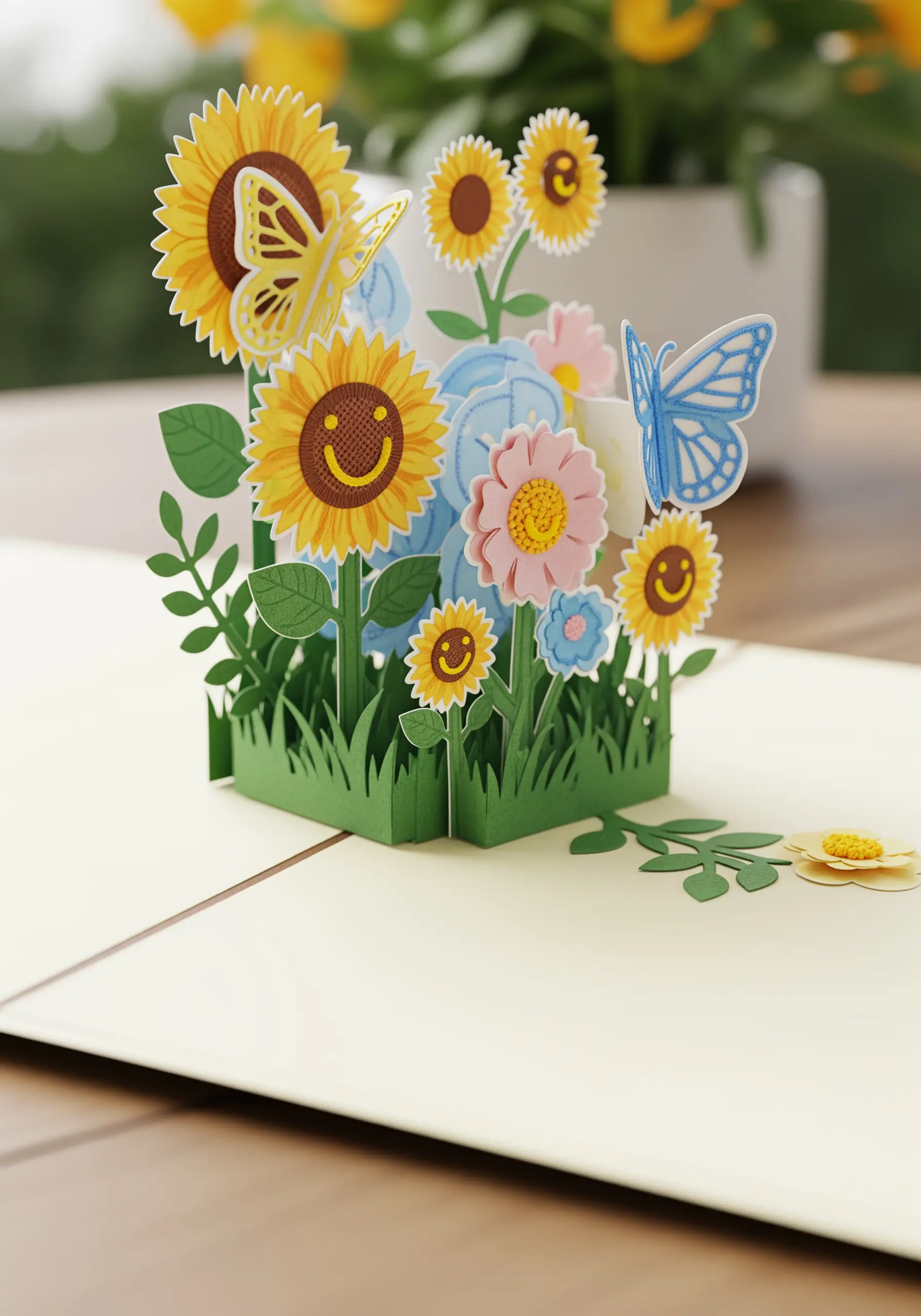 A cheerful pop-up card with sunflowers and butterflies, with potential for tiny embroidered details.