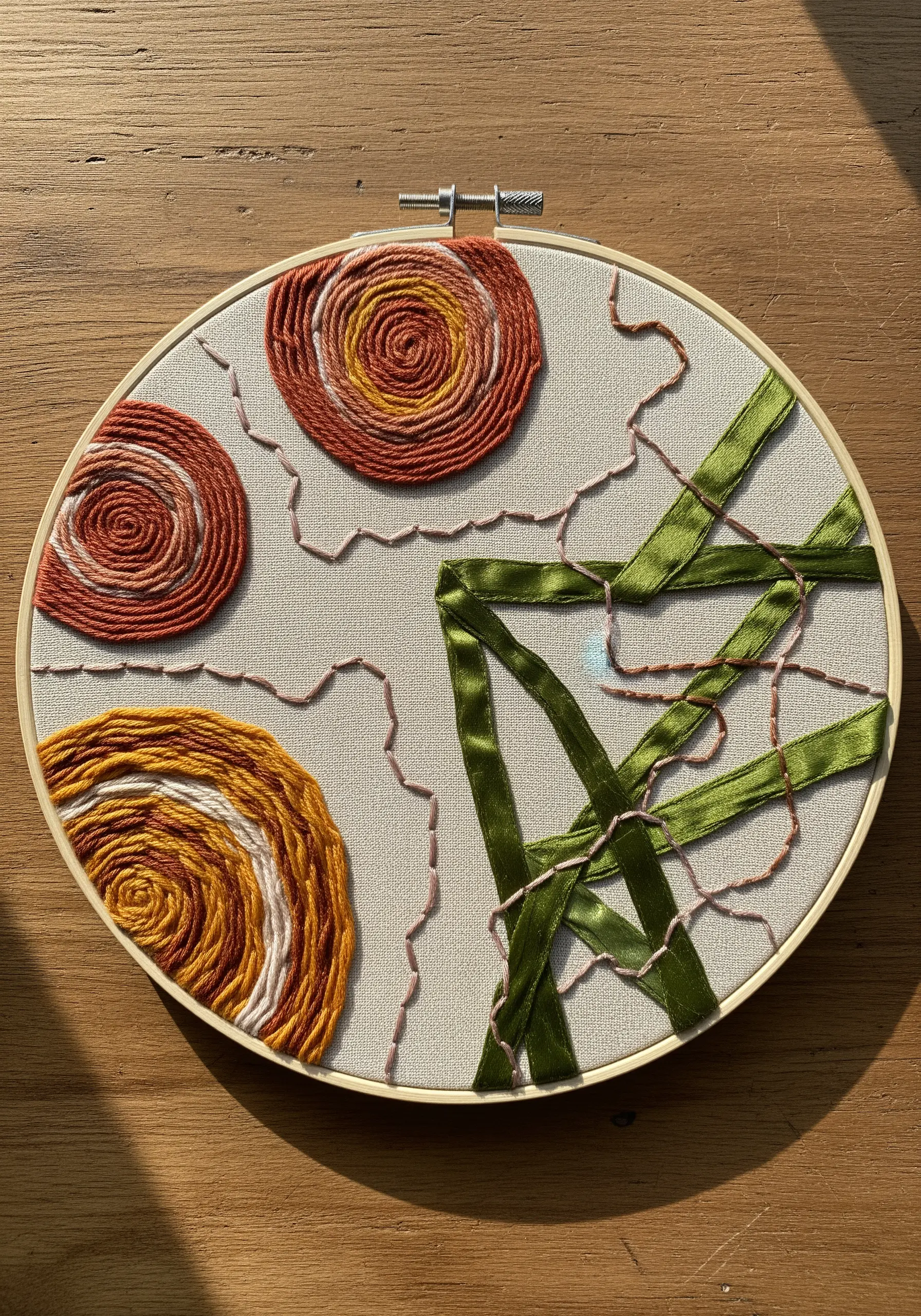 Hoop art combining thick yarn spirals, green ribbon zigzags, and thin pink lines on neutral linen.