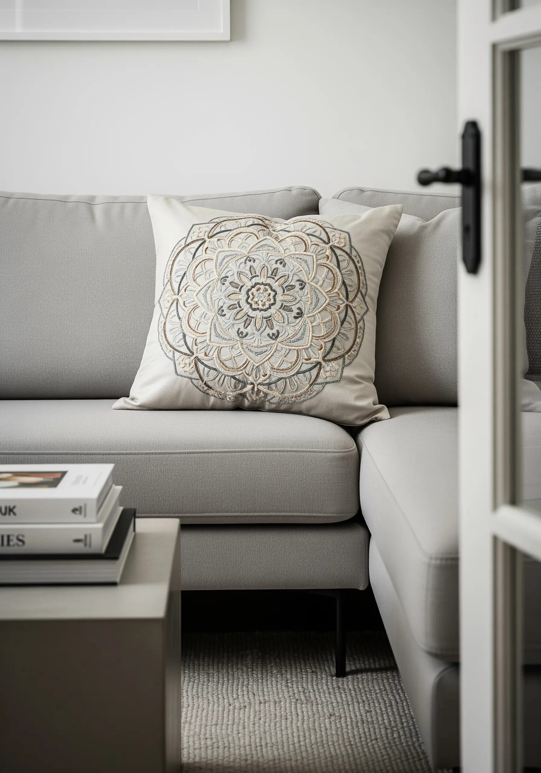 A detailed mandala cushion using a blend of grey, cream, and taupe threads on a neutral sofa.