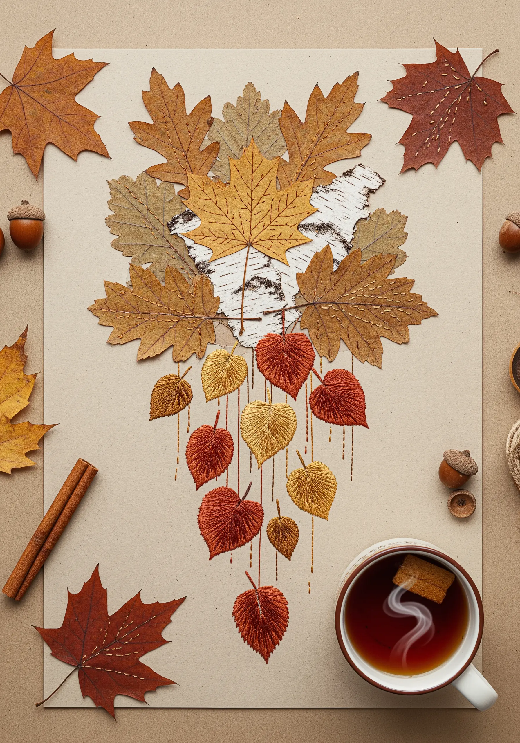 A collage of real autumn leaves mixed with satin-stitched embroidered leaves in fall colors.