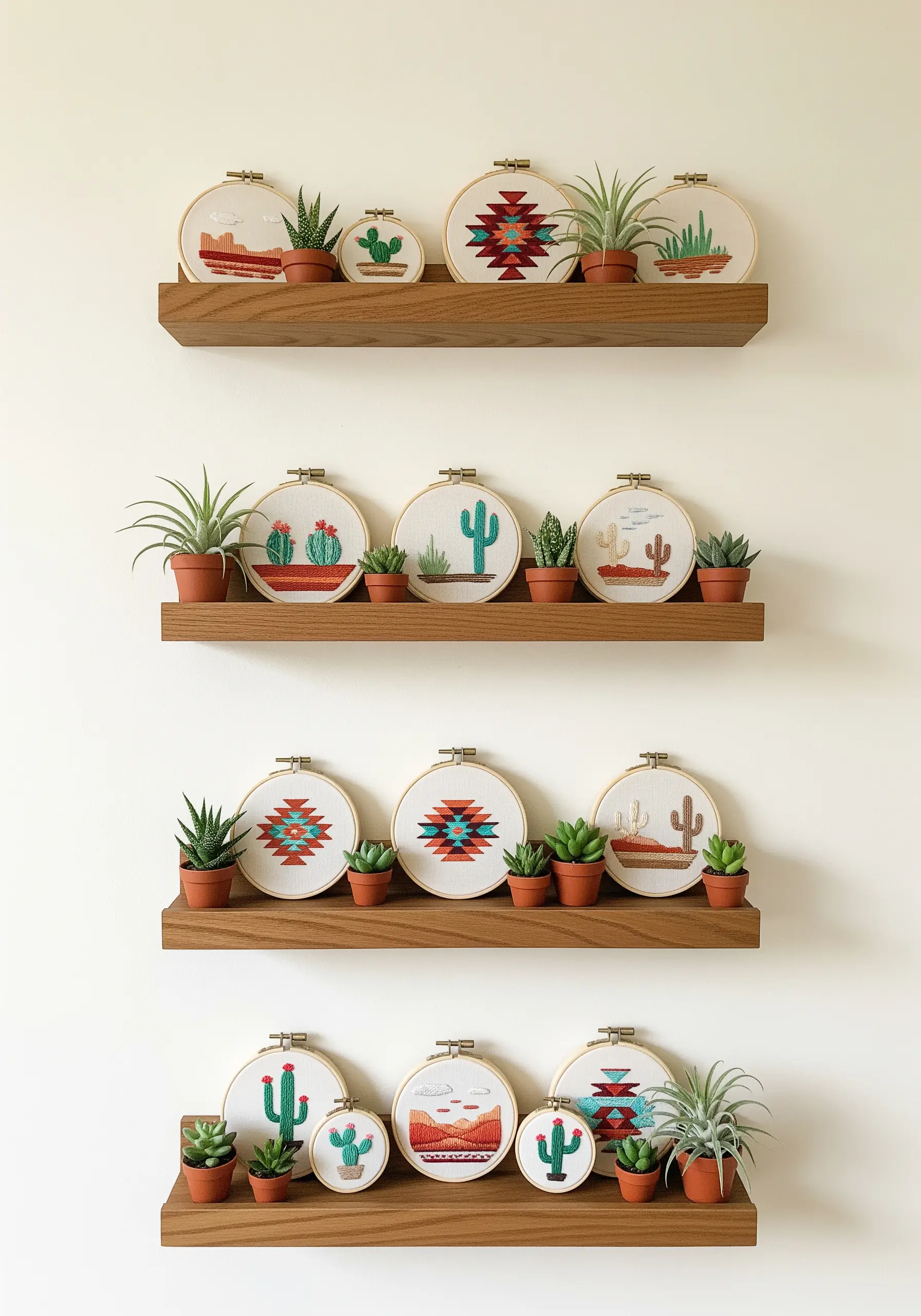 Embroidery hoops with cacti and Southwestern patterns displayed on shelves with real succulents.