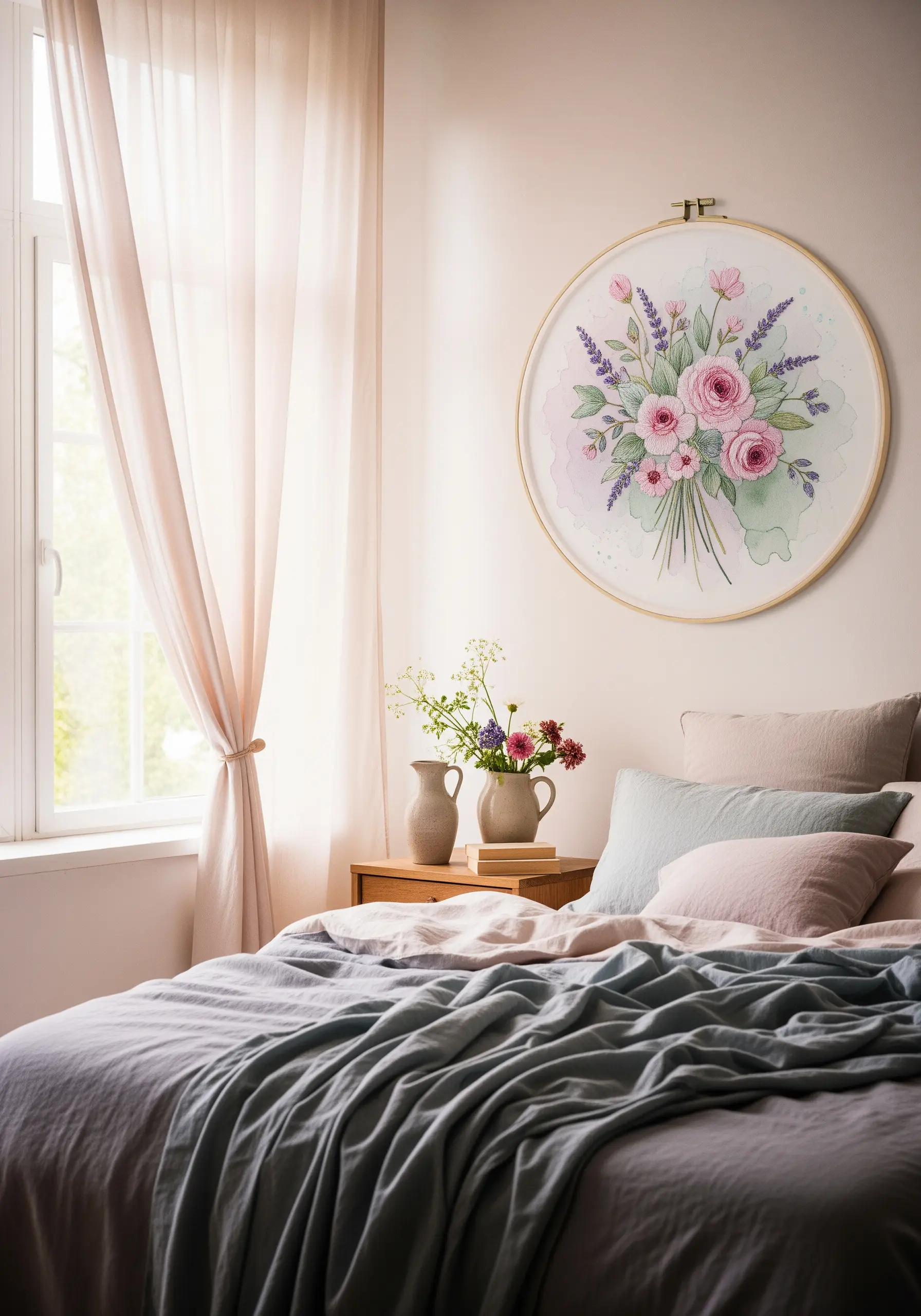 Hoop art with a floral bouquet where embroidery details are stitched over a watercolor base.