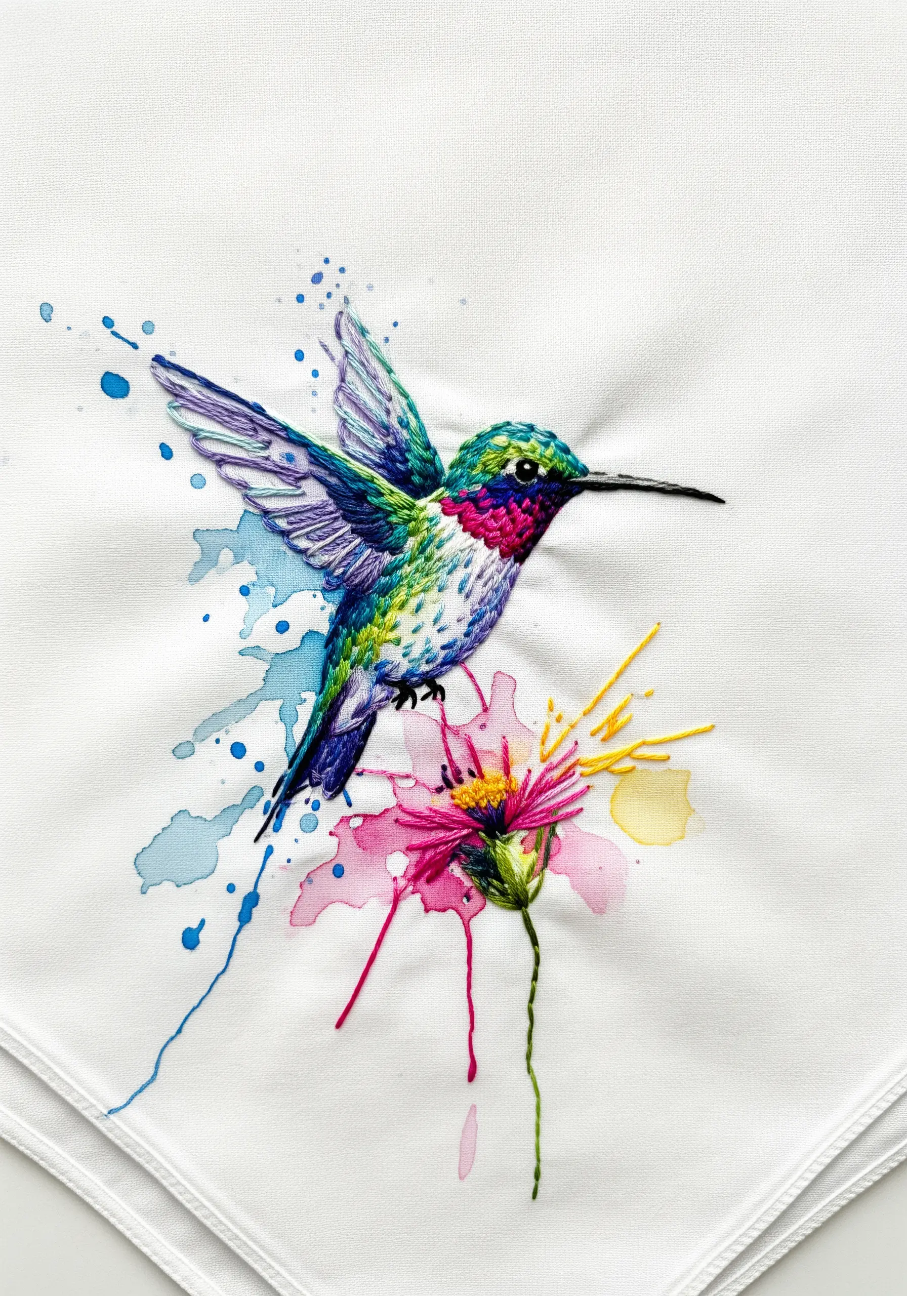 A hummingbird embroidered over a loose watercolor splash background.