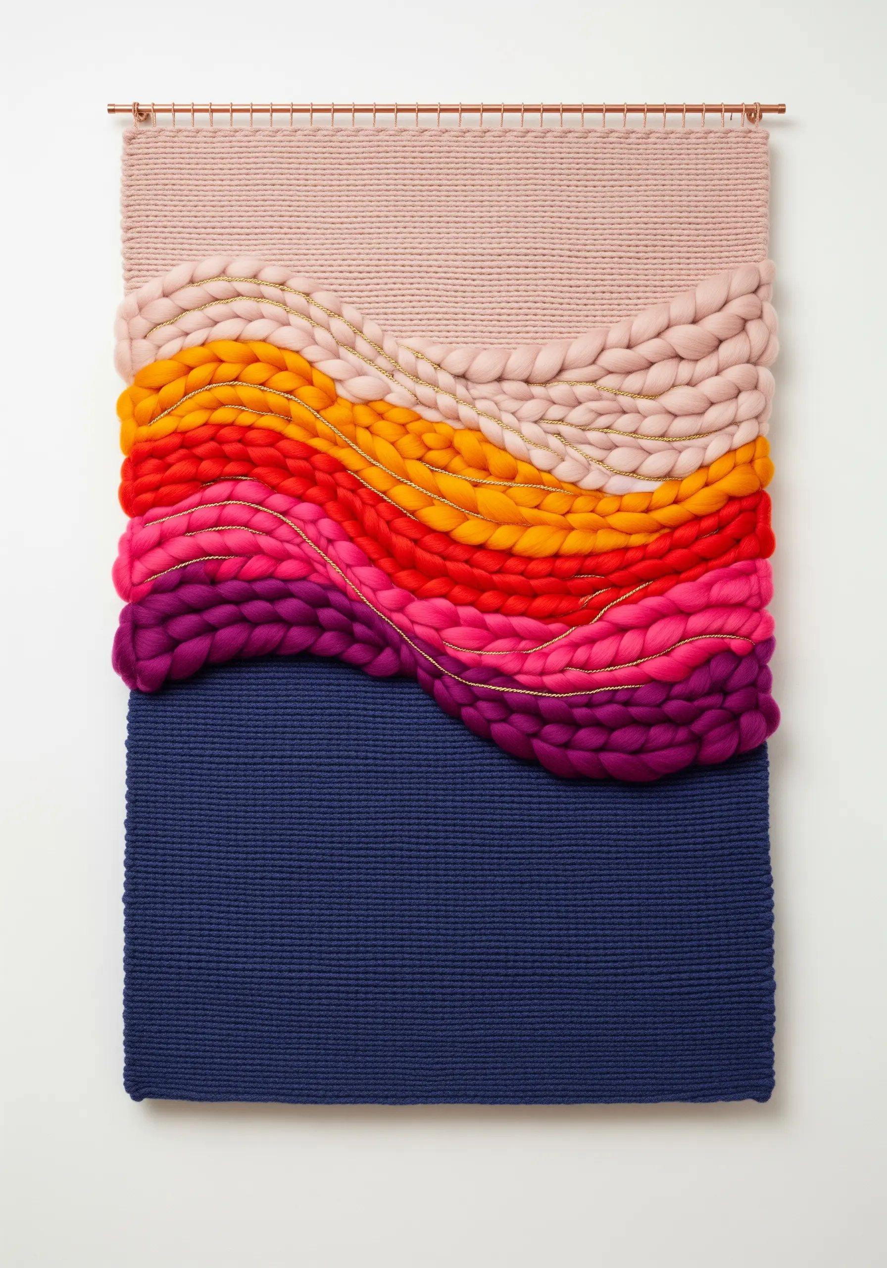 Woven wall hanging with chunky, colorful yarn waves over a flat woven background.