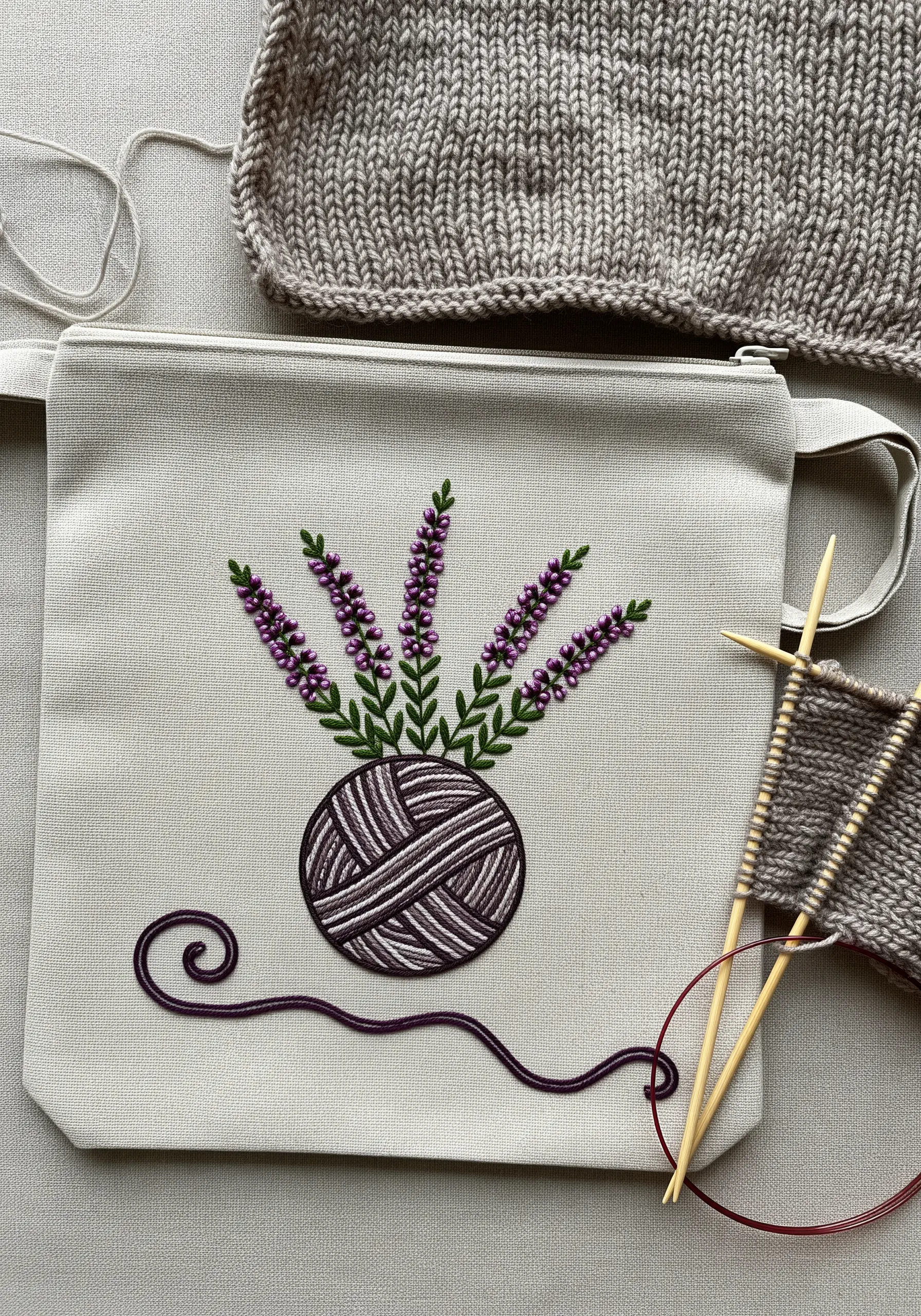Embroidery of a ball of yarn with lavender sprigs blooming from it on a canvas pouch.