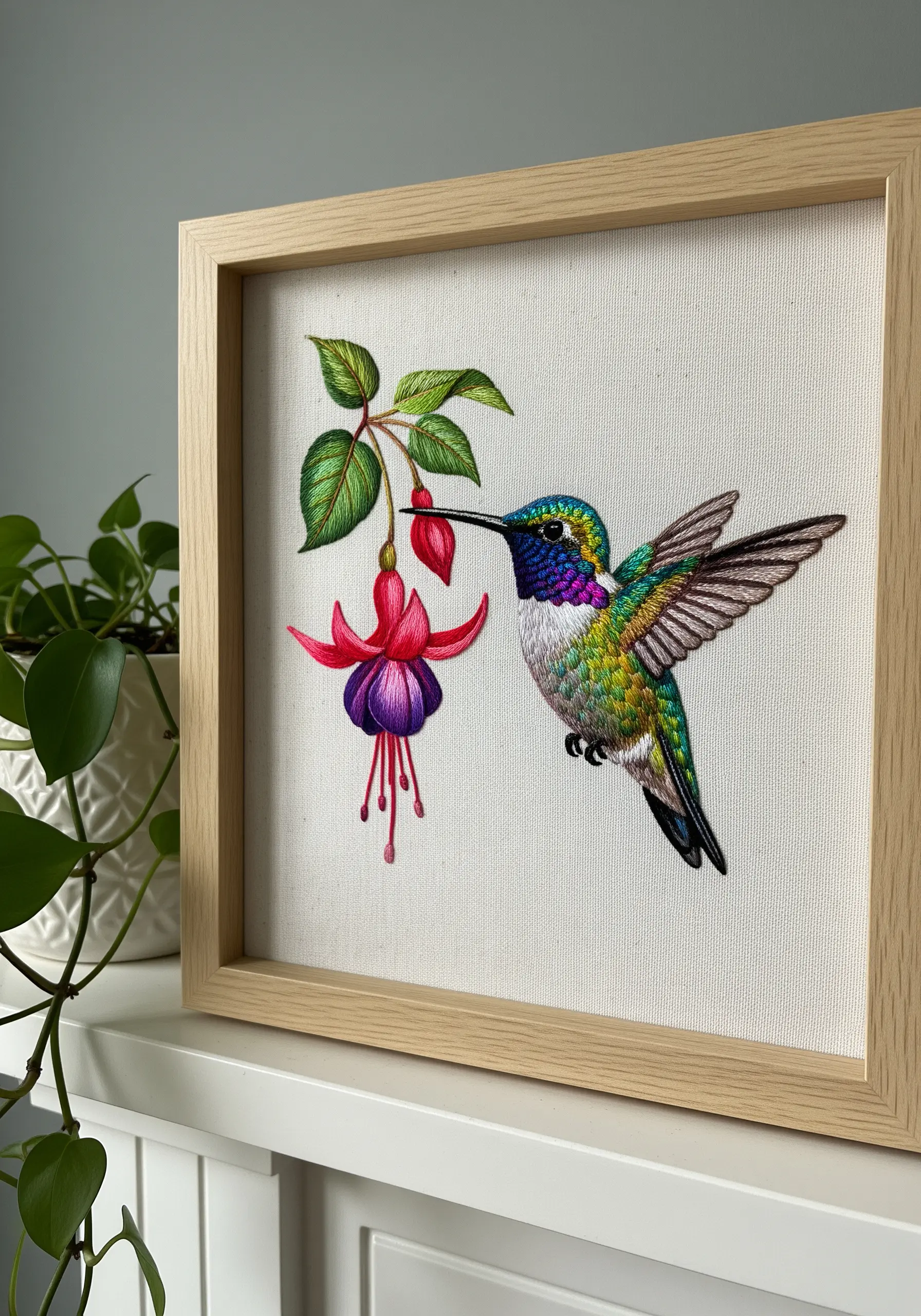 Thread-painted hummingbird with iridescent feathers next to a fuchsia flower in a frame.