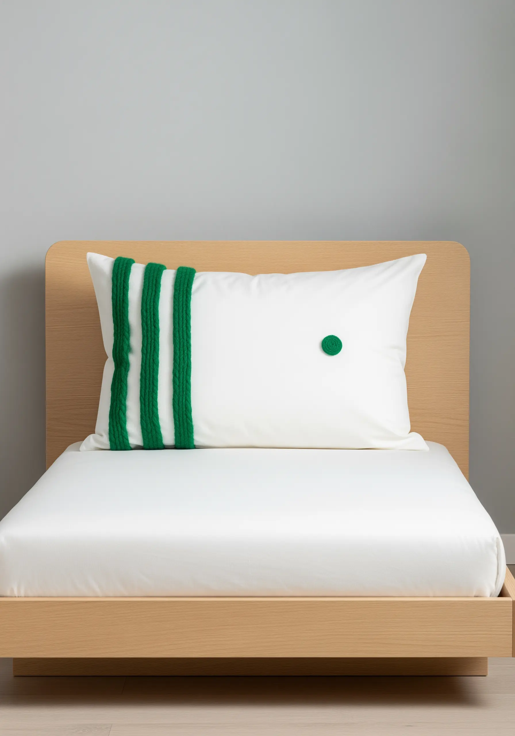 Thick green yarn is couched in vertical stripes on a white pillow, with a single green dot.