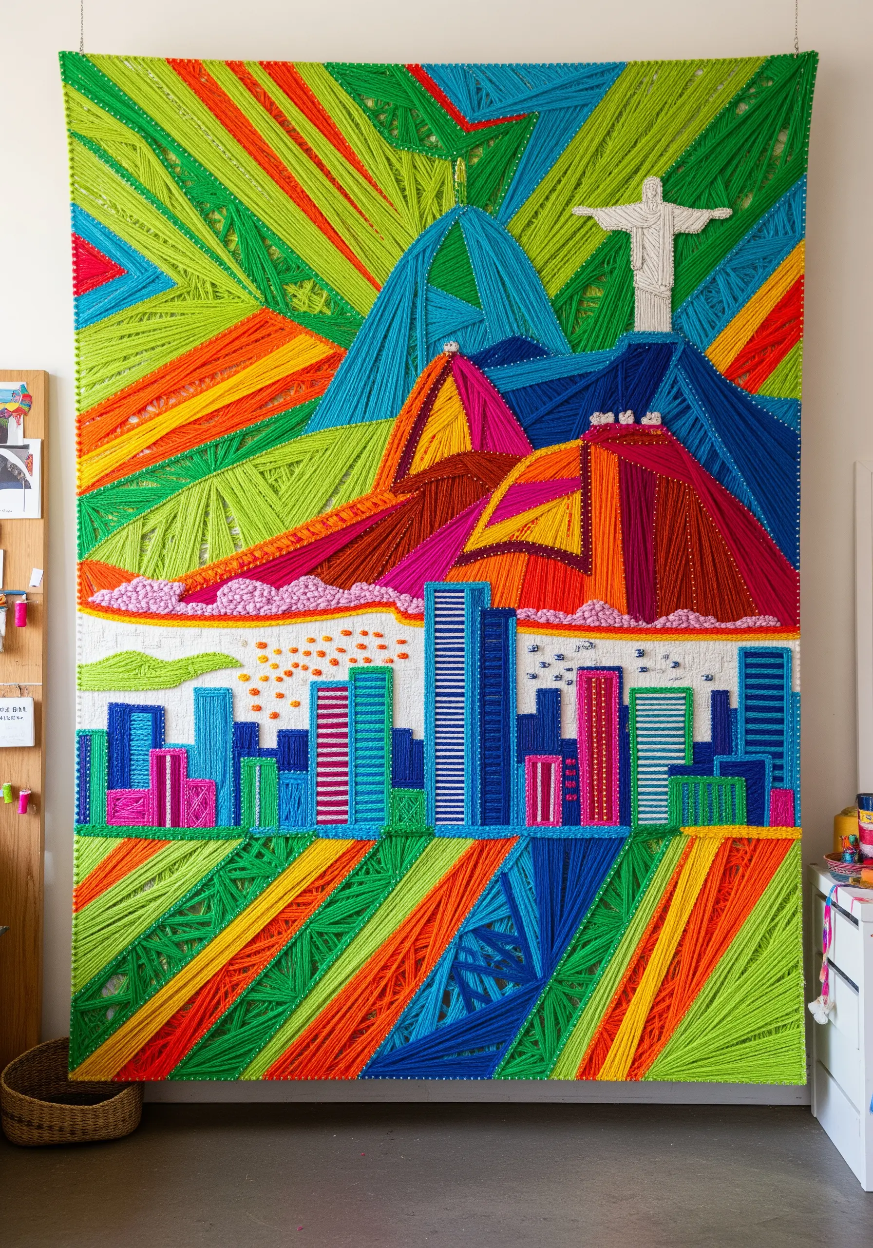 Vibrant, large-scale yarn art of the Rio de Janeiro skyline with mountains and Christ the Redeemer.