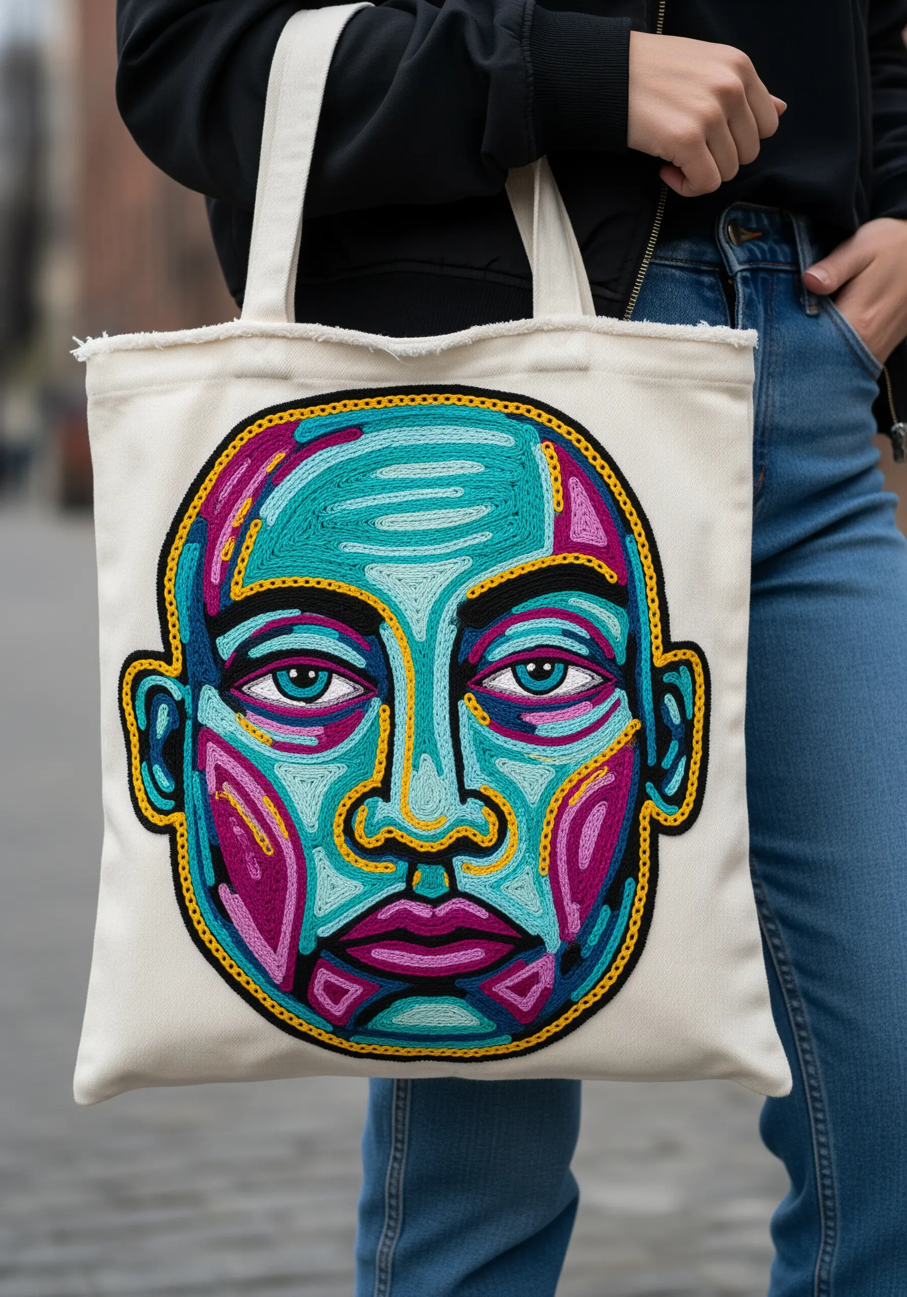 Abstract embroidered portrait with bold color blocks of teal, purple, and yellow.