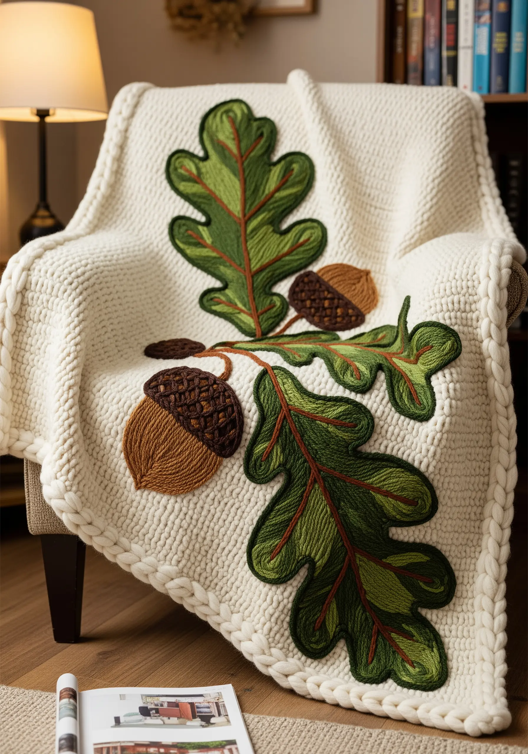 Cream chunky knit blanket with large, appliquéd oak leaves and acorns.