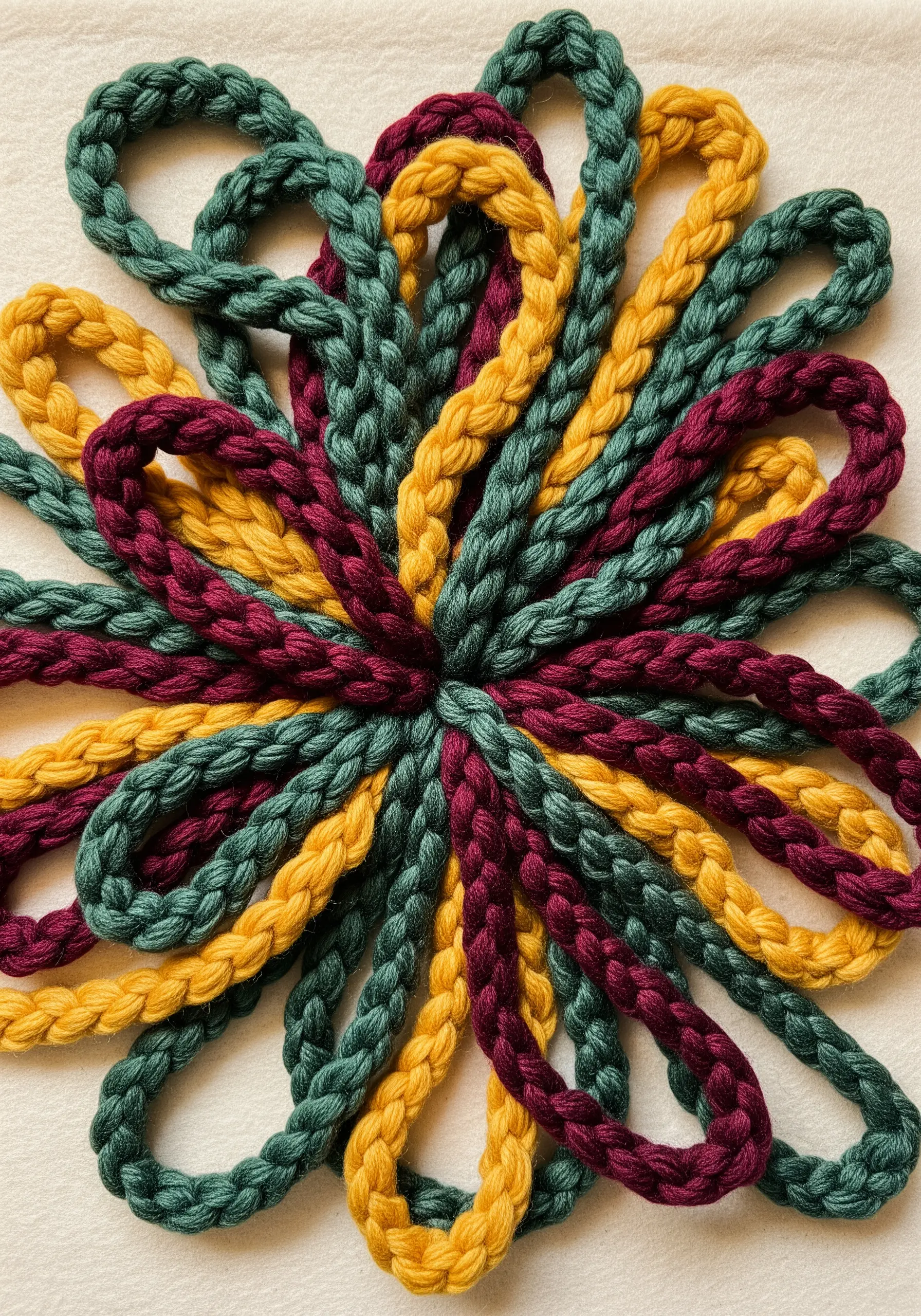 A floral mandala shape made from thick, braided yarn in green, yellow, and burgundy.