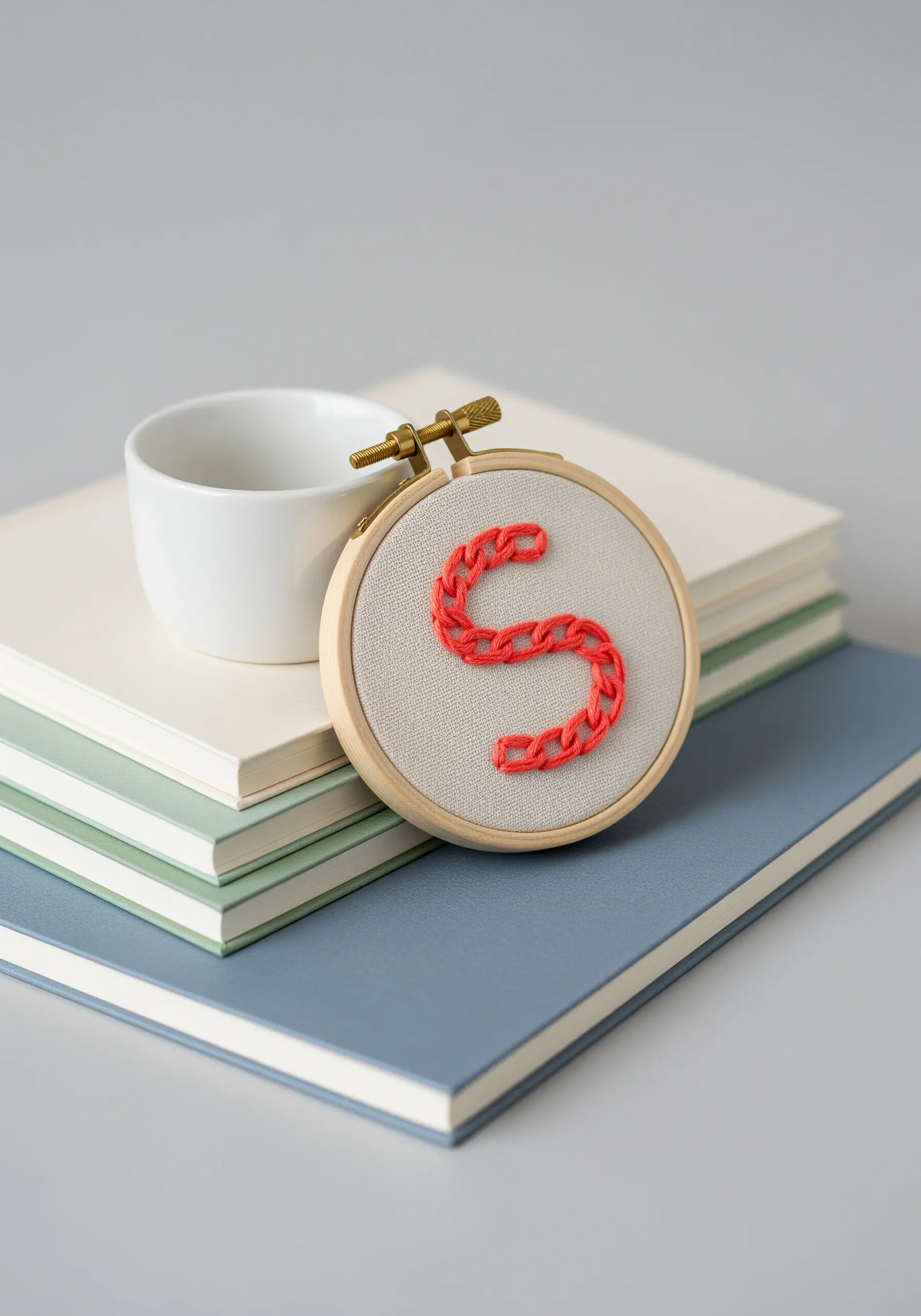 A bold letter 'S' in a red heavy chain stitch, resembling a braided rope.