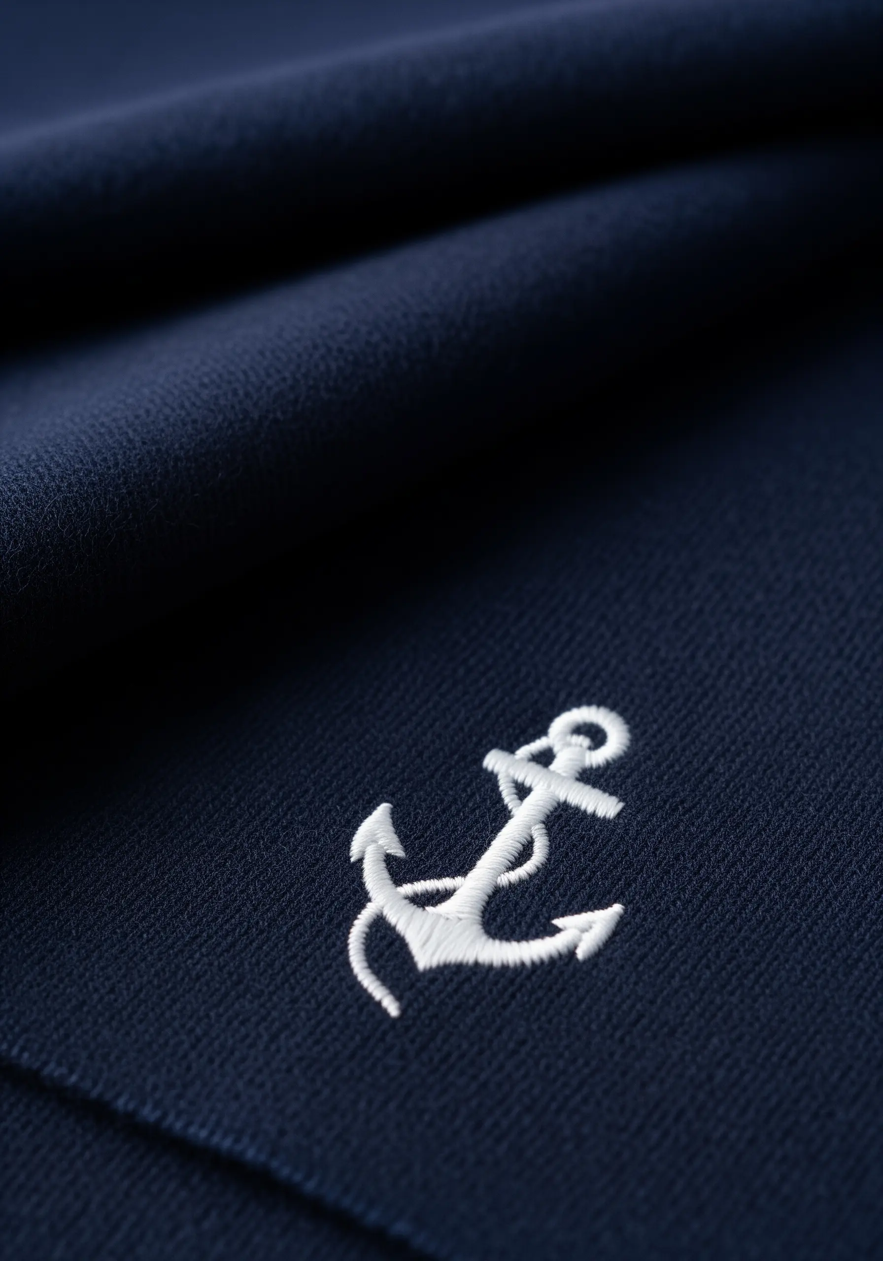 A solid white satin stitch embroidery of a nautical anchor on a navy blue scarf.