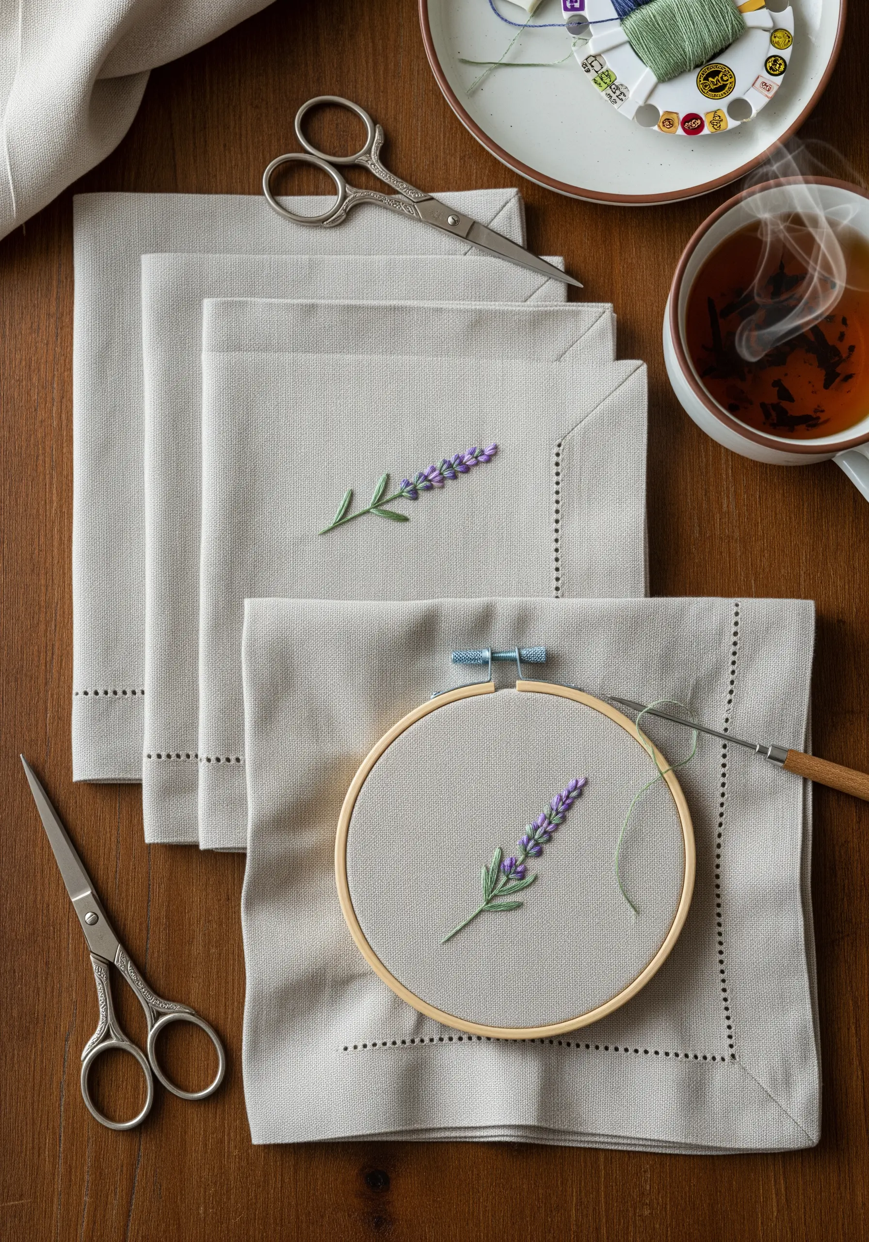 A sprig of lavender hand-embroidered on a folded grey linen napkin.