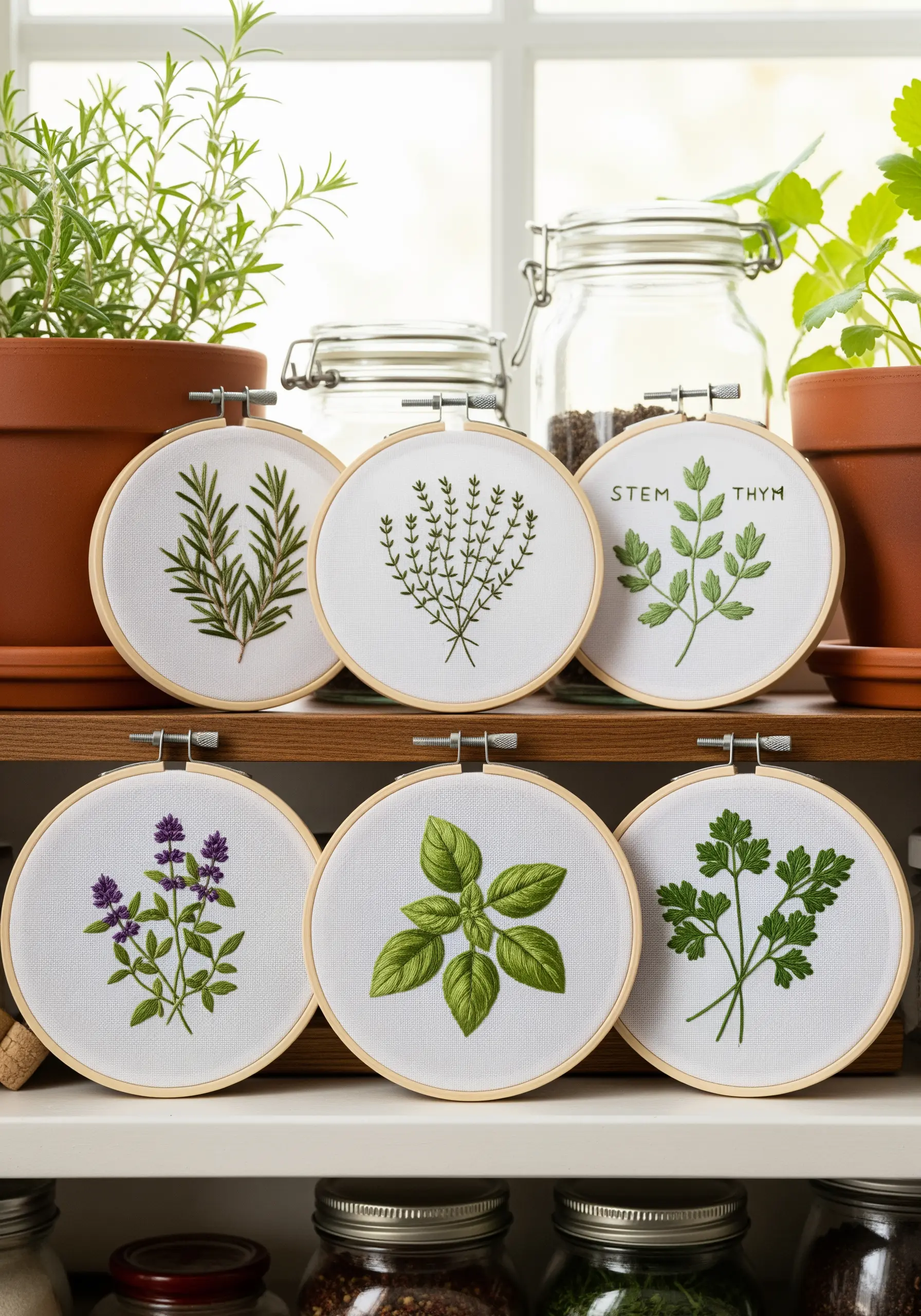 A collection of small embroidery hoops, each featuring a different culinary herb.