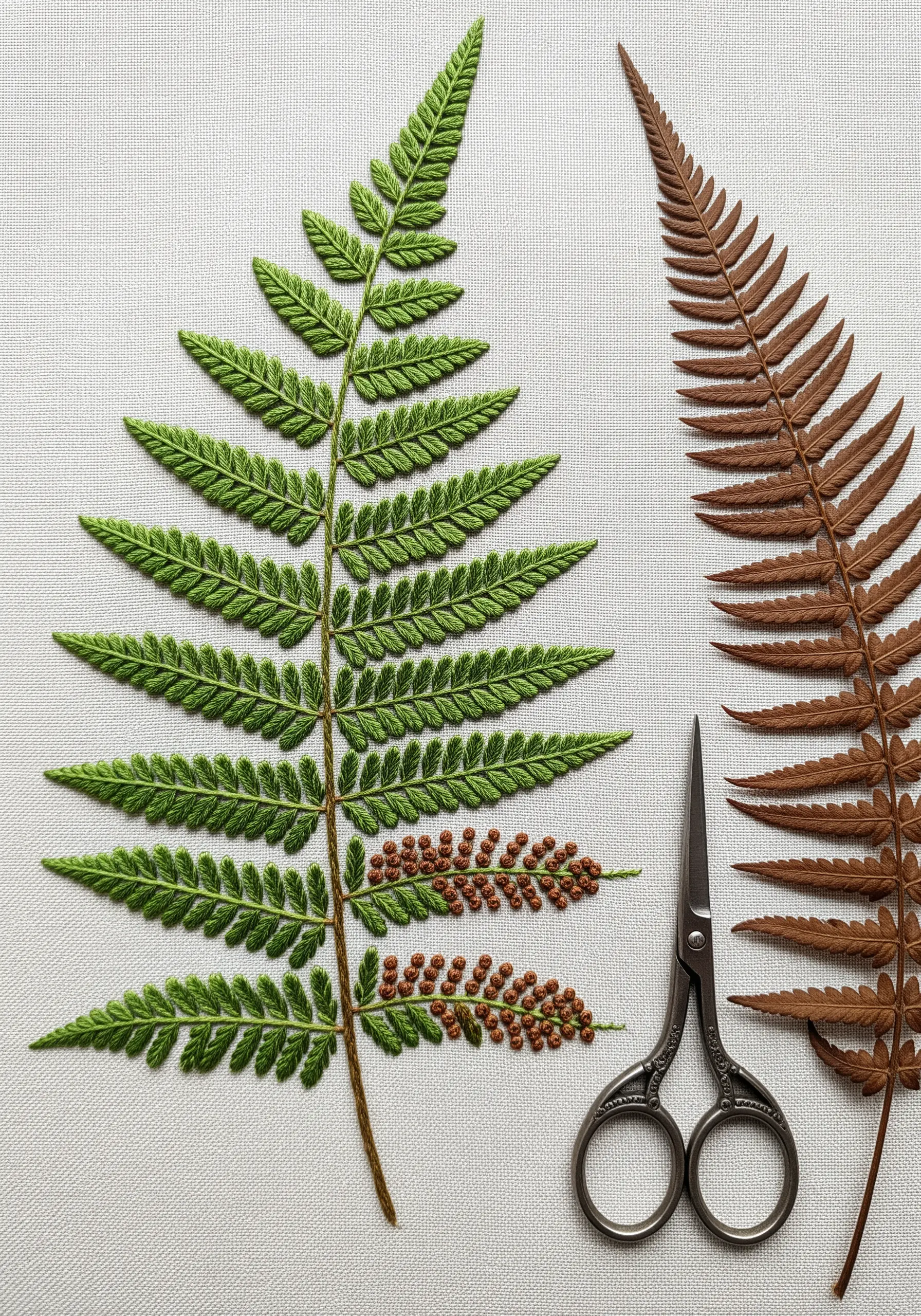 Hyper-realistic embroidery of two fern fronds, one green and one brown, on white fabric.