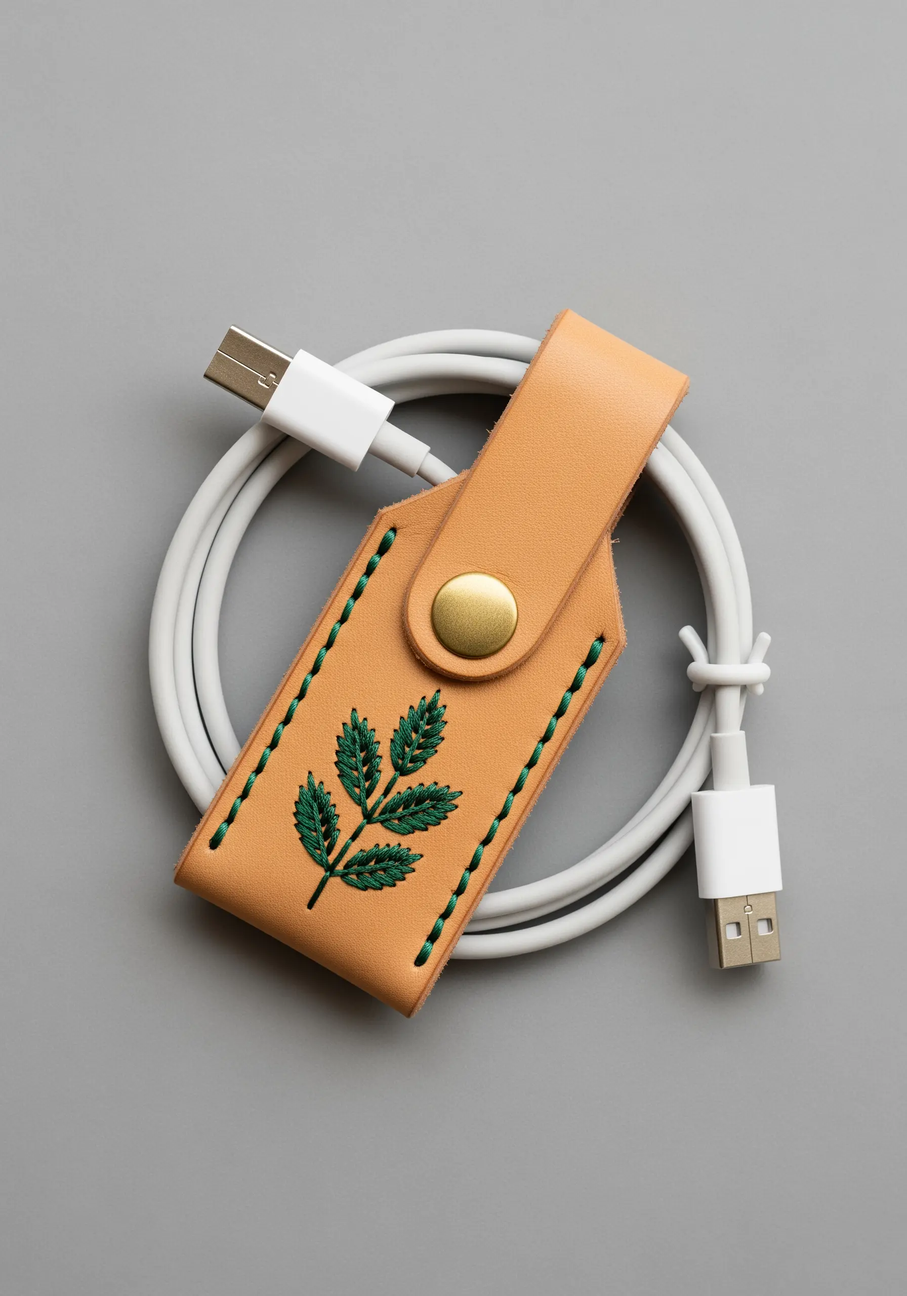 A tan leather cord keeper with a green embroidered leaf motif and decorative side stitching