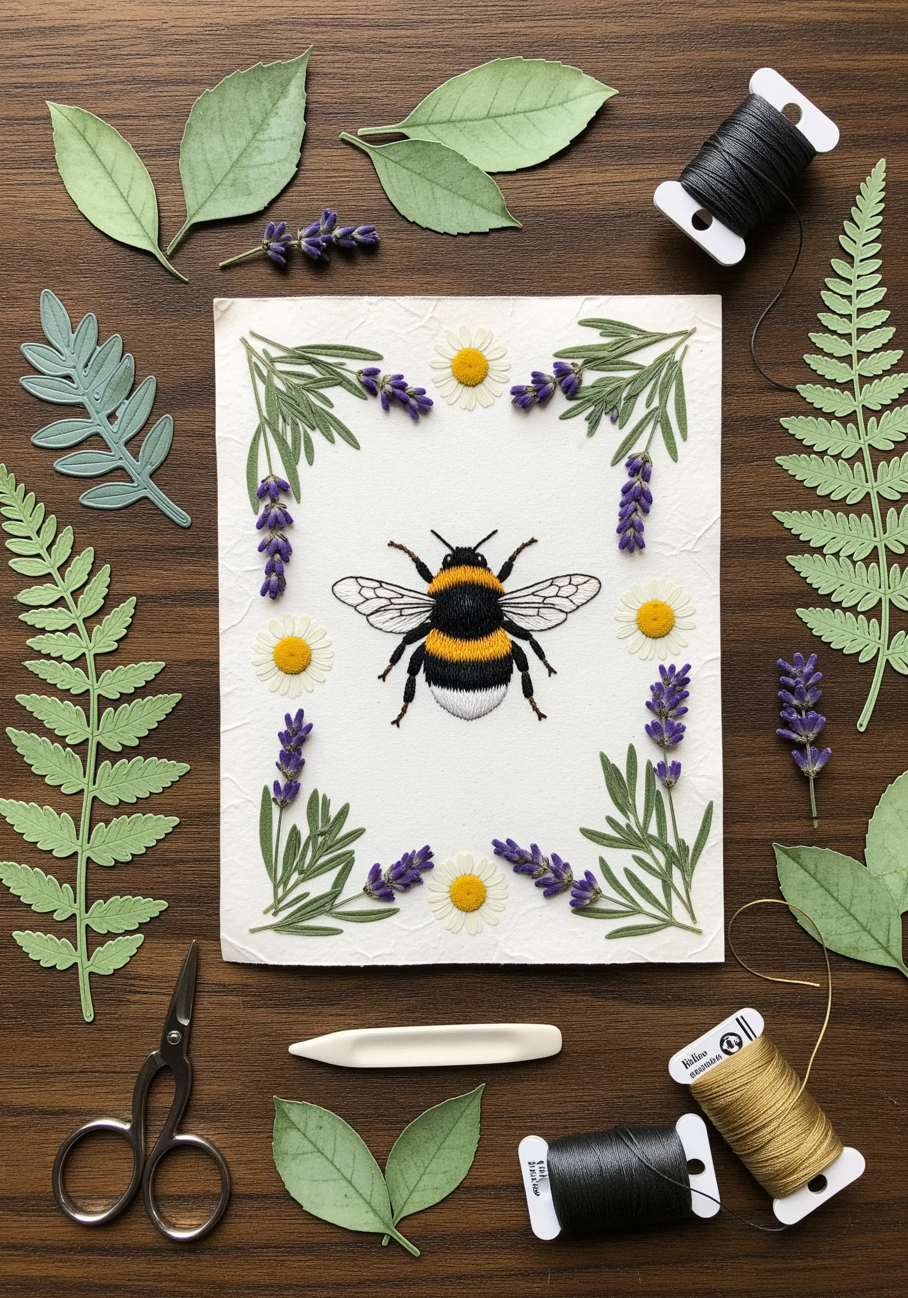 Embroidered bee on textured paper with a pressed flower and lavender frame.