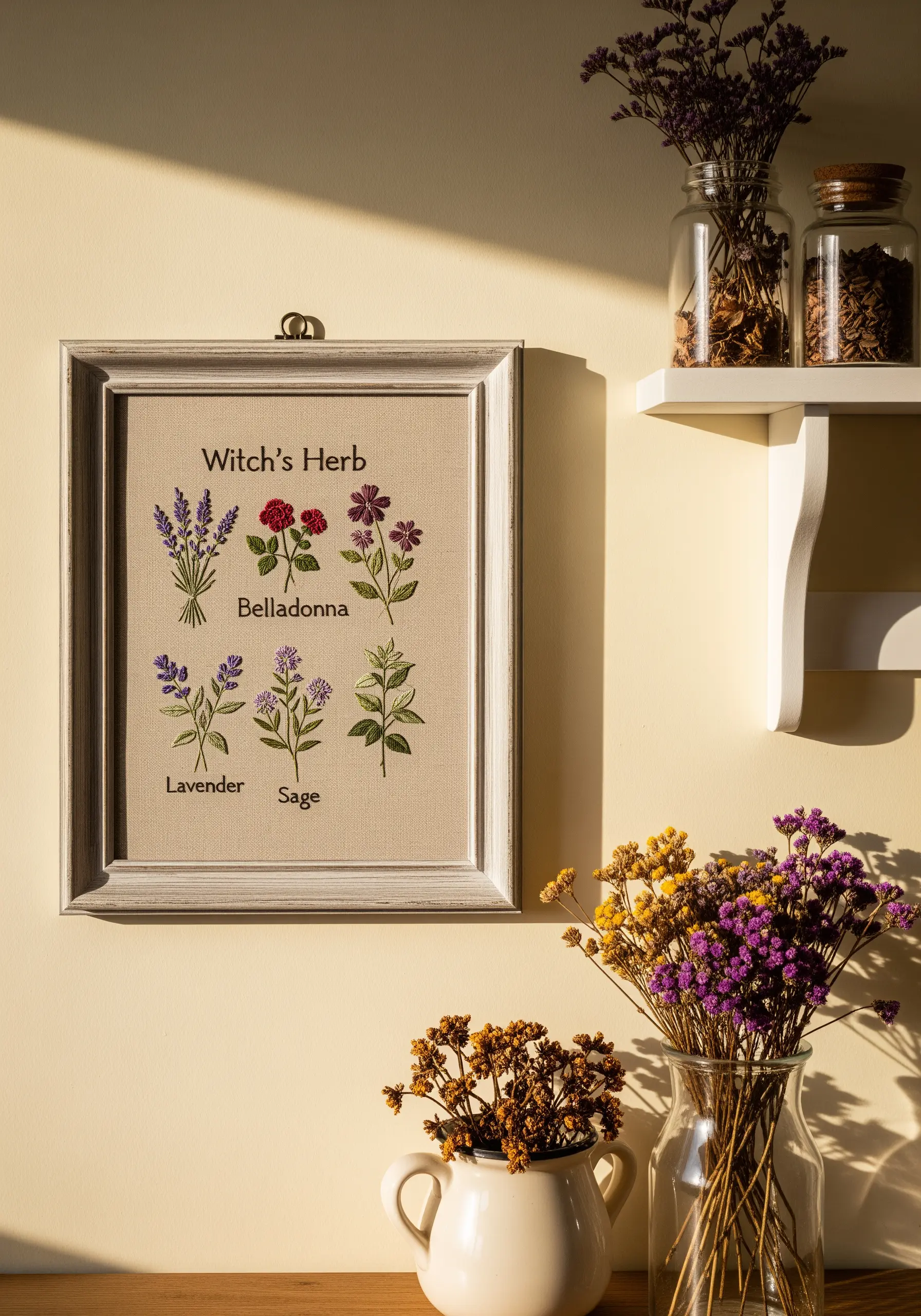 Framed embroidery of a botanical chart featuring lavender, sage, and other herbs with labels.