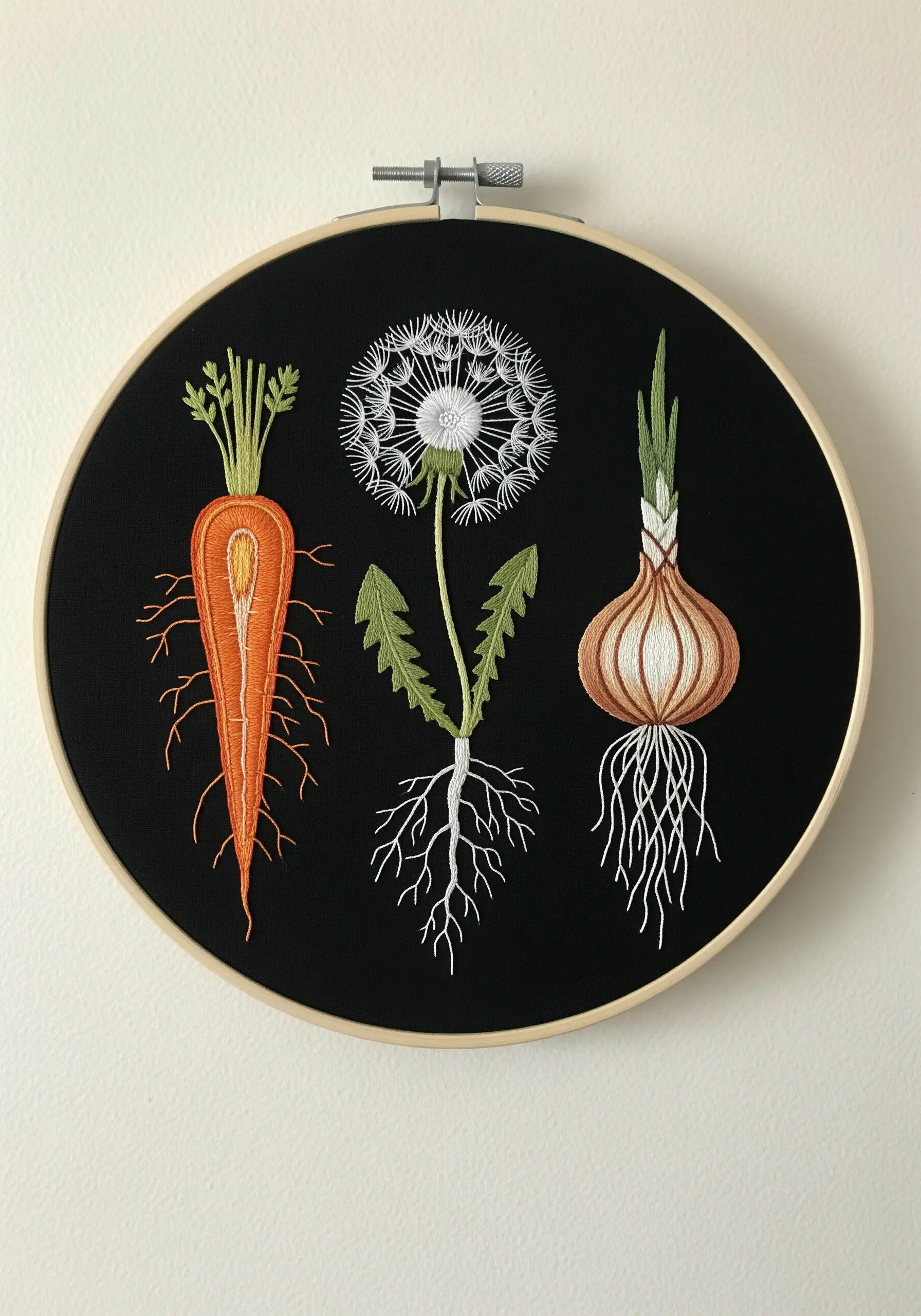 Embroidered cross-section of a carrot, a dandelion, and an onion with visible roots.