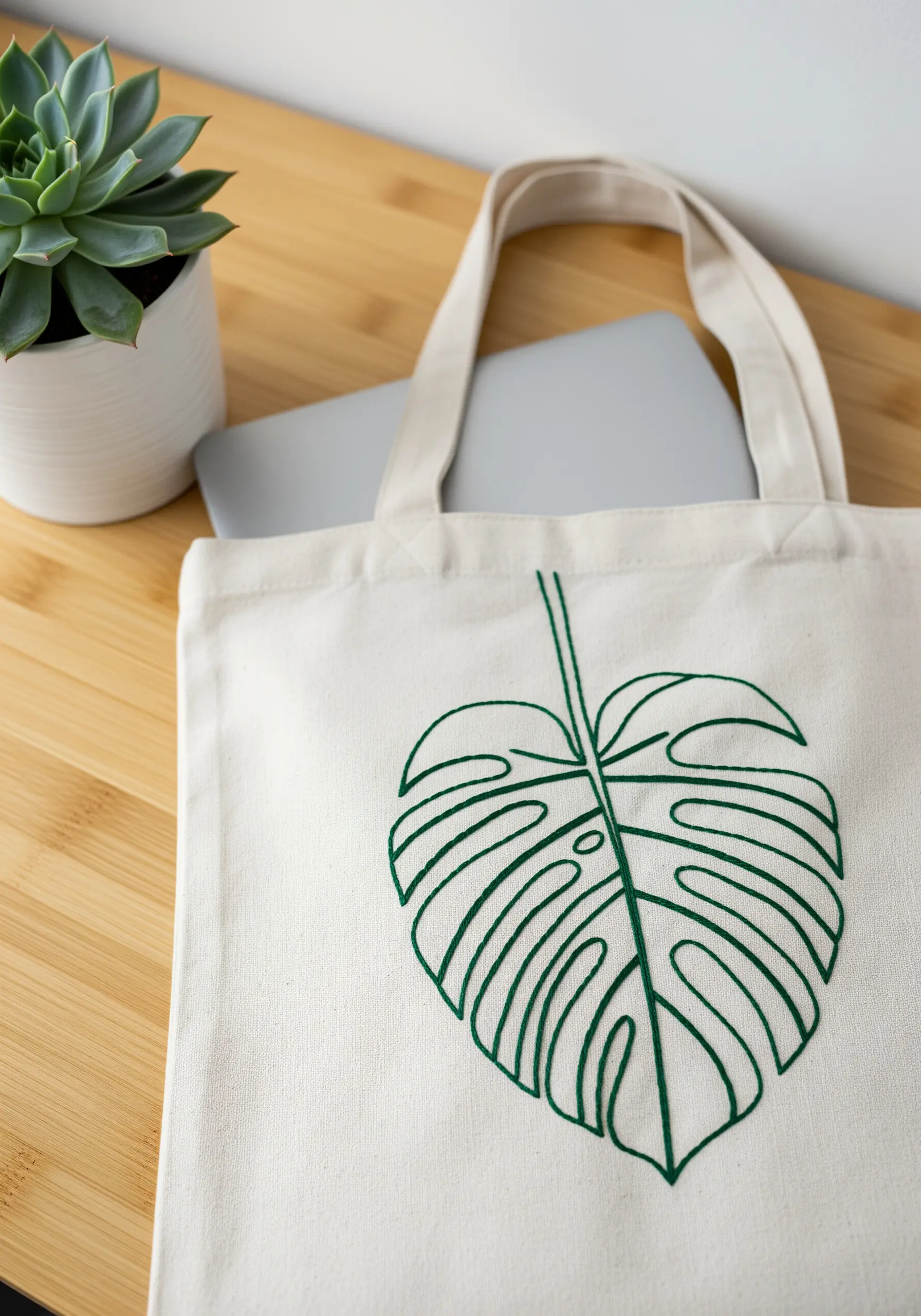 A bold green outline of a Monstera leaf embroidered on a natural canvas tote.