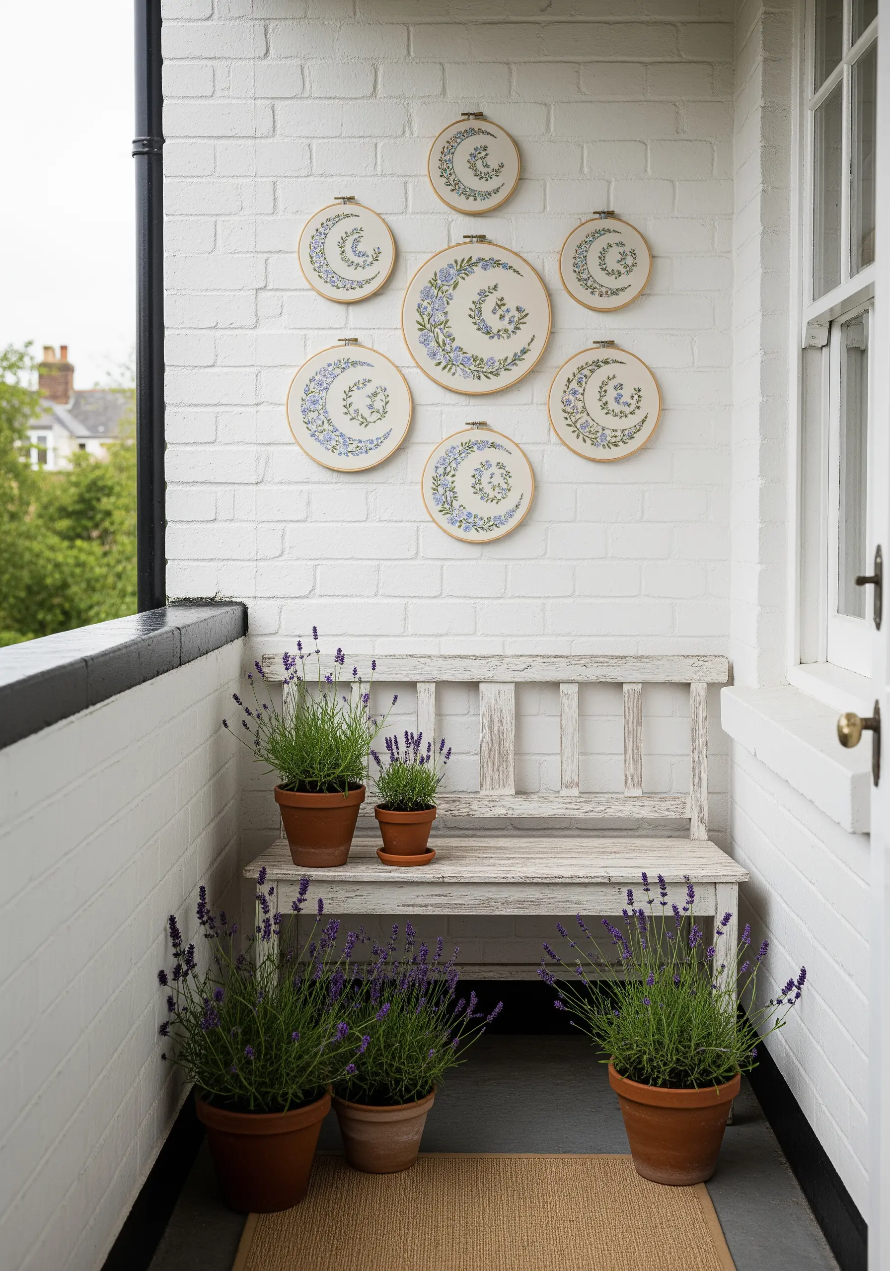 A collection of embroidery hoops with floral moon crescents on a white brick wall.