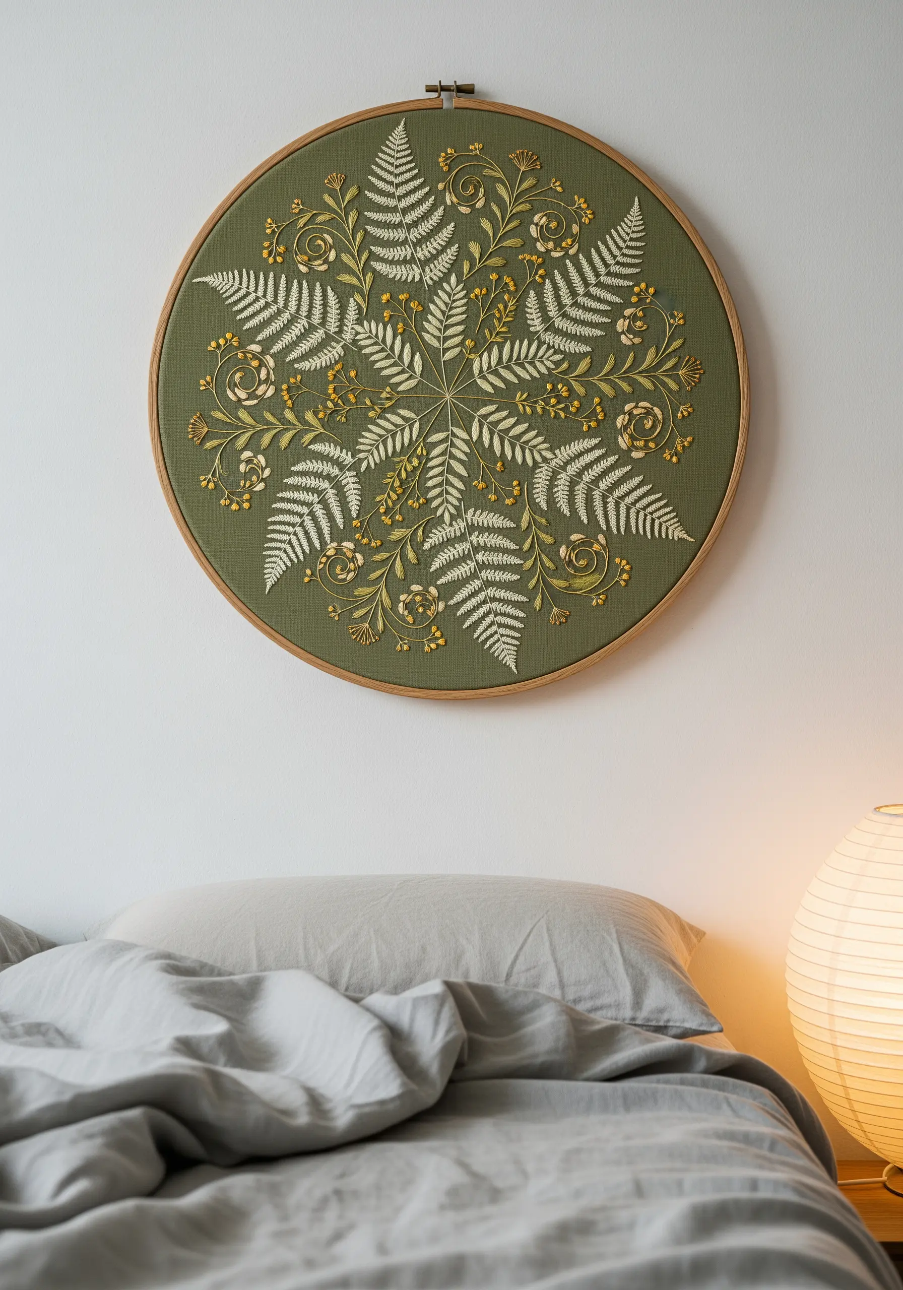 A botanical mandala featuring fern leaves and yellow flowers stitched on olive green fabric.