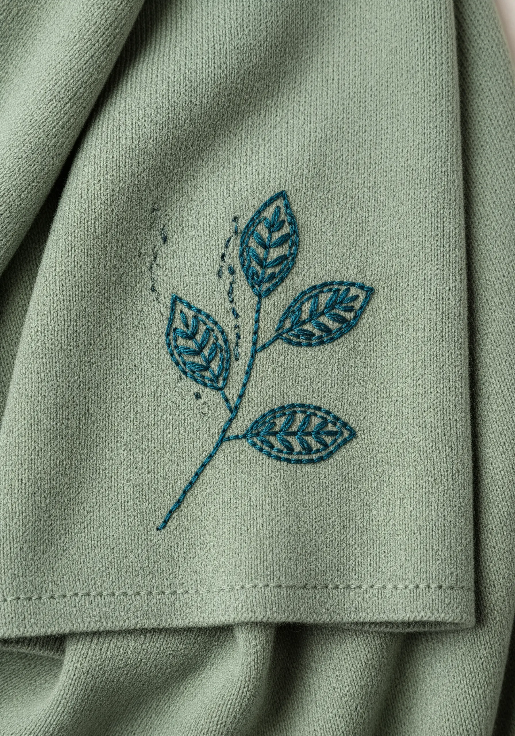 An embroidered leaf sprig with backstitch outlines and a simple hatch stitch fill.