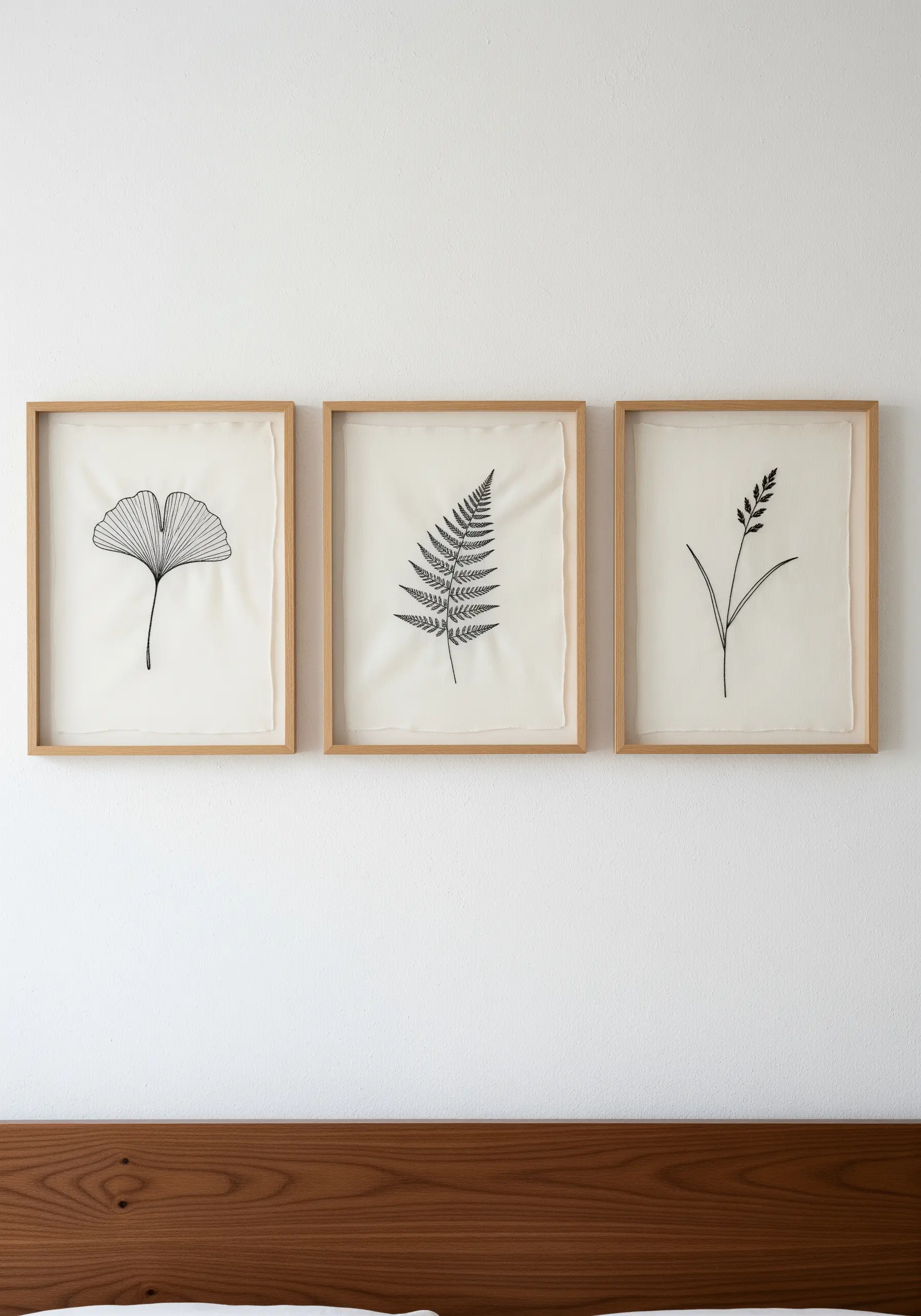 Triptych of framed botanical embroidery line art: ginkgo, fern, and grass.