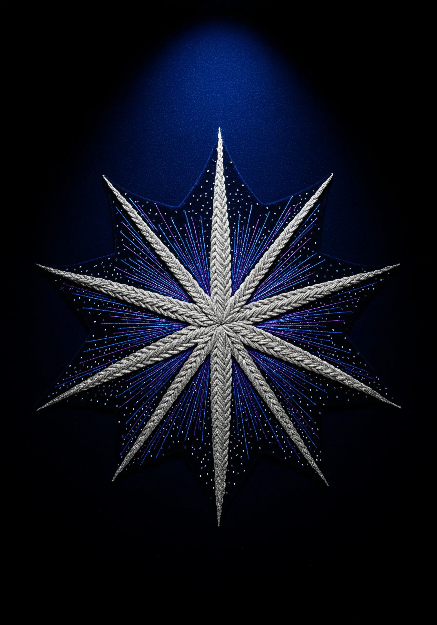 Silver braided star embroidery with radiating blue and purple stitches on dark fabric.