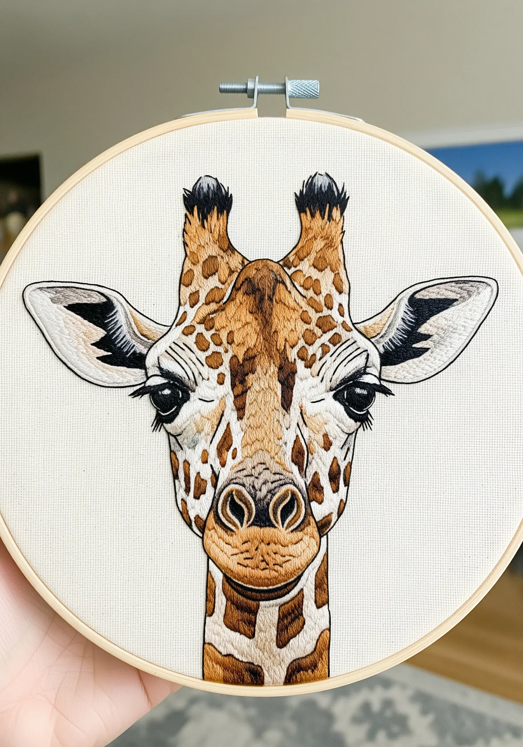A close-up of an embroidered giraffe's face, highlighting the white catchlight in its eye.