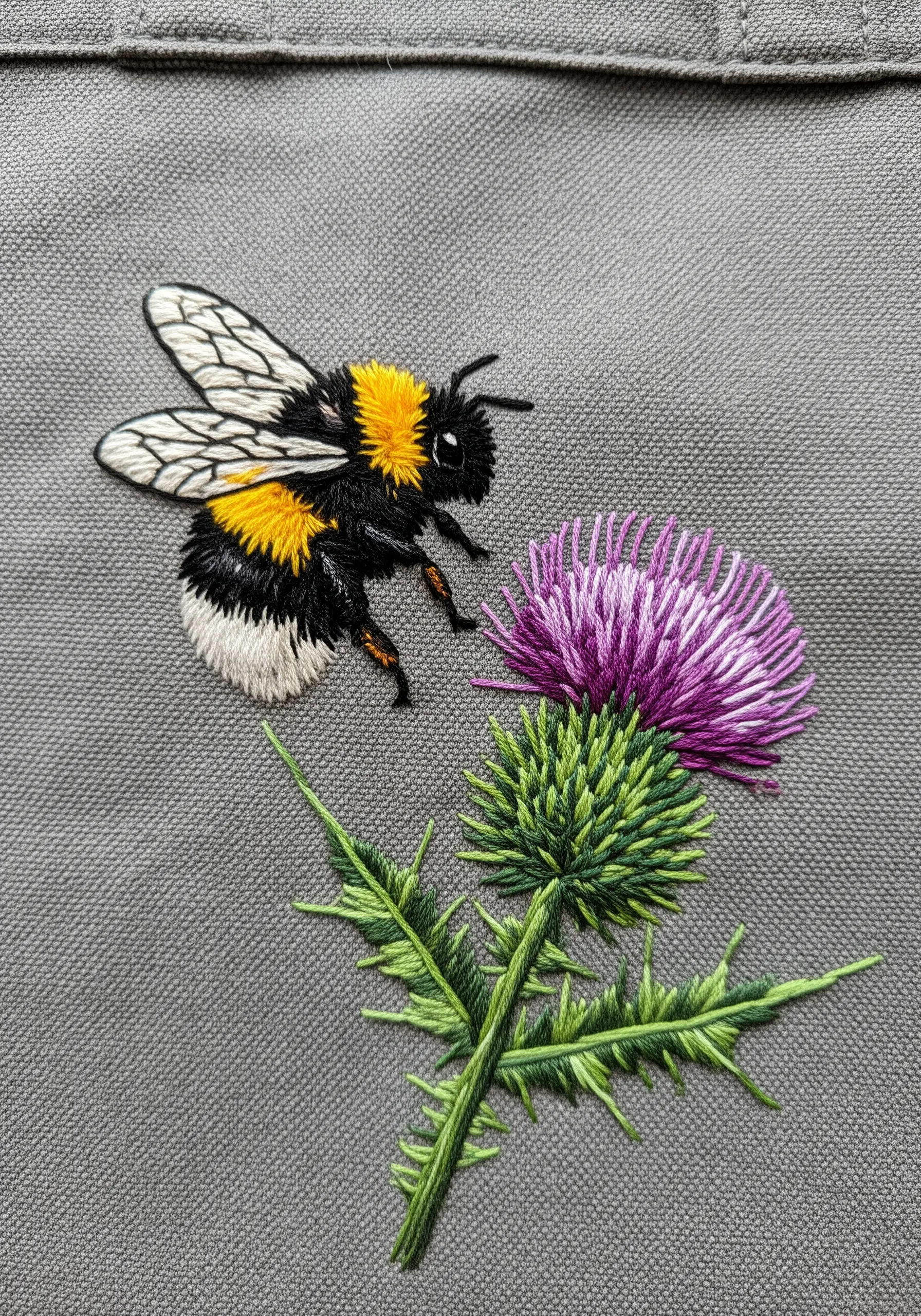 A highly detailed, realistic embroidered bee on a purple thistle flower