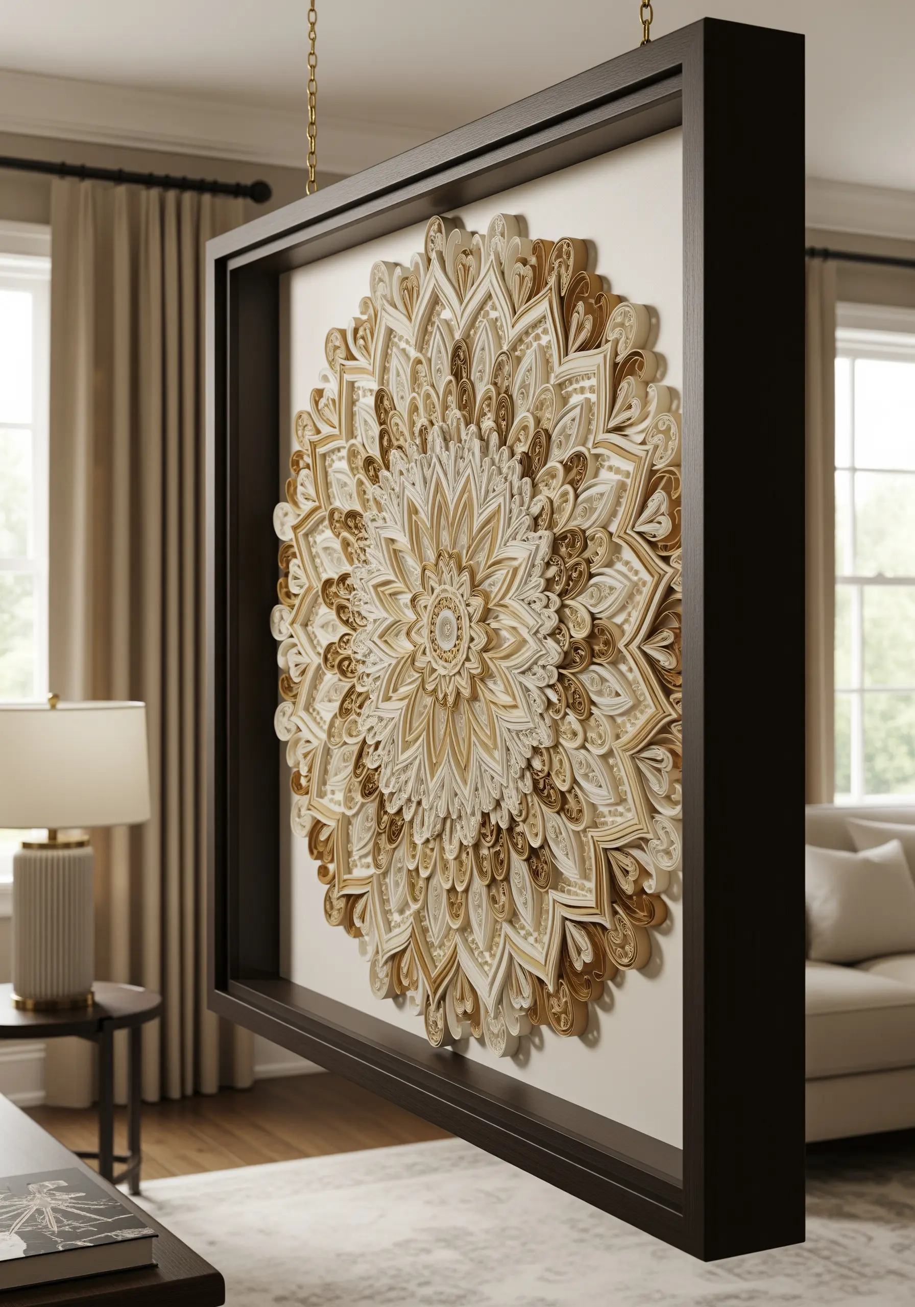 An intricate, 3D mandala made of layered paper in a deep shadow box frame.