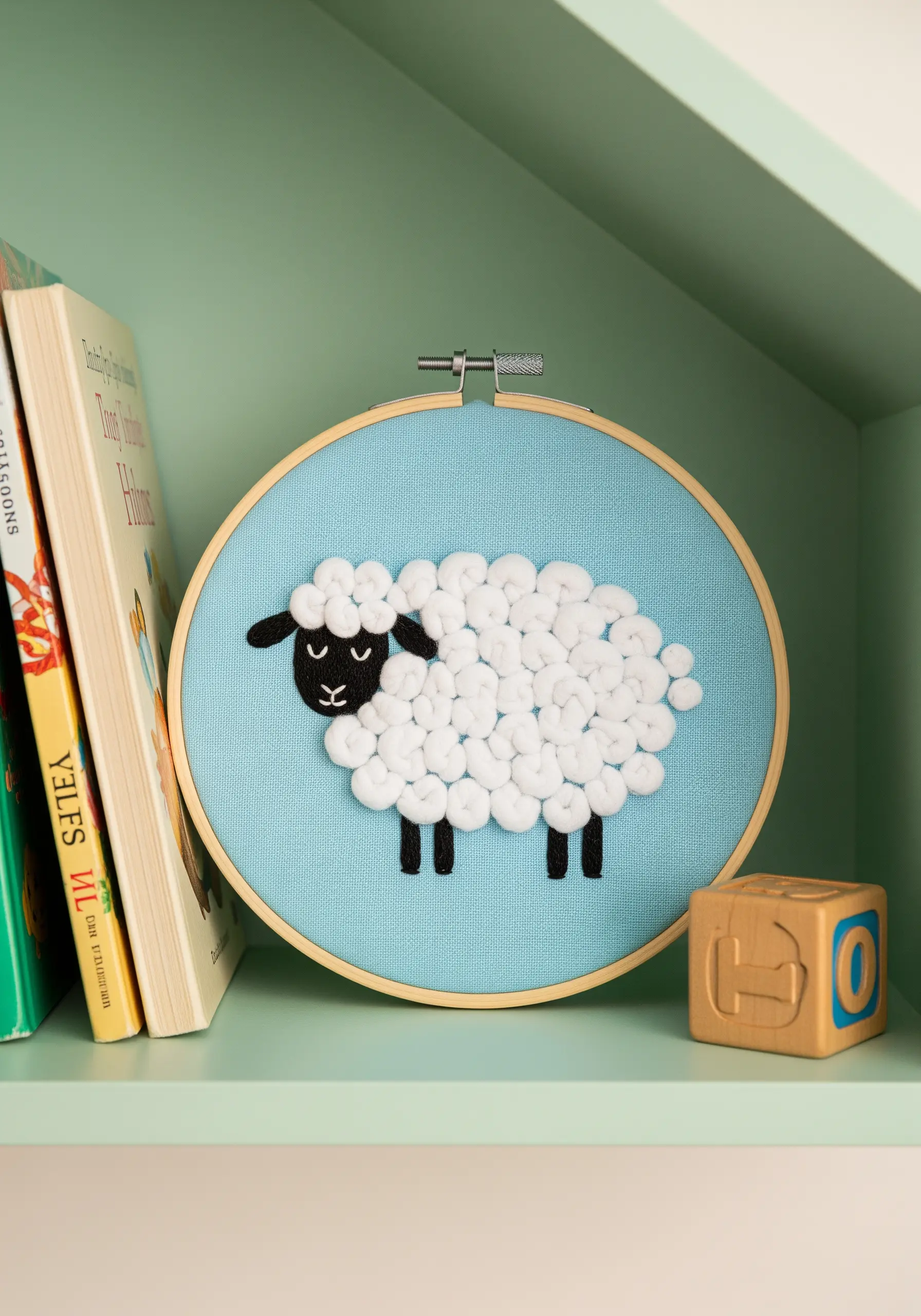 Embroidered sheep with fluffy, 3D Colonial knots for wool on blue fabric.