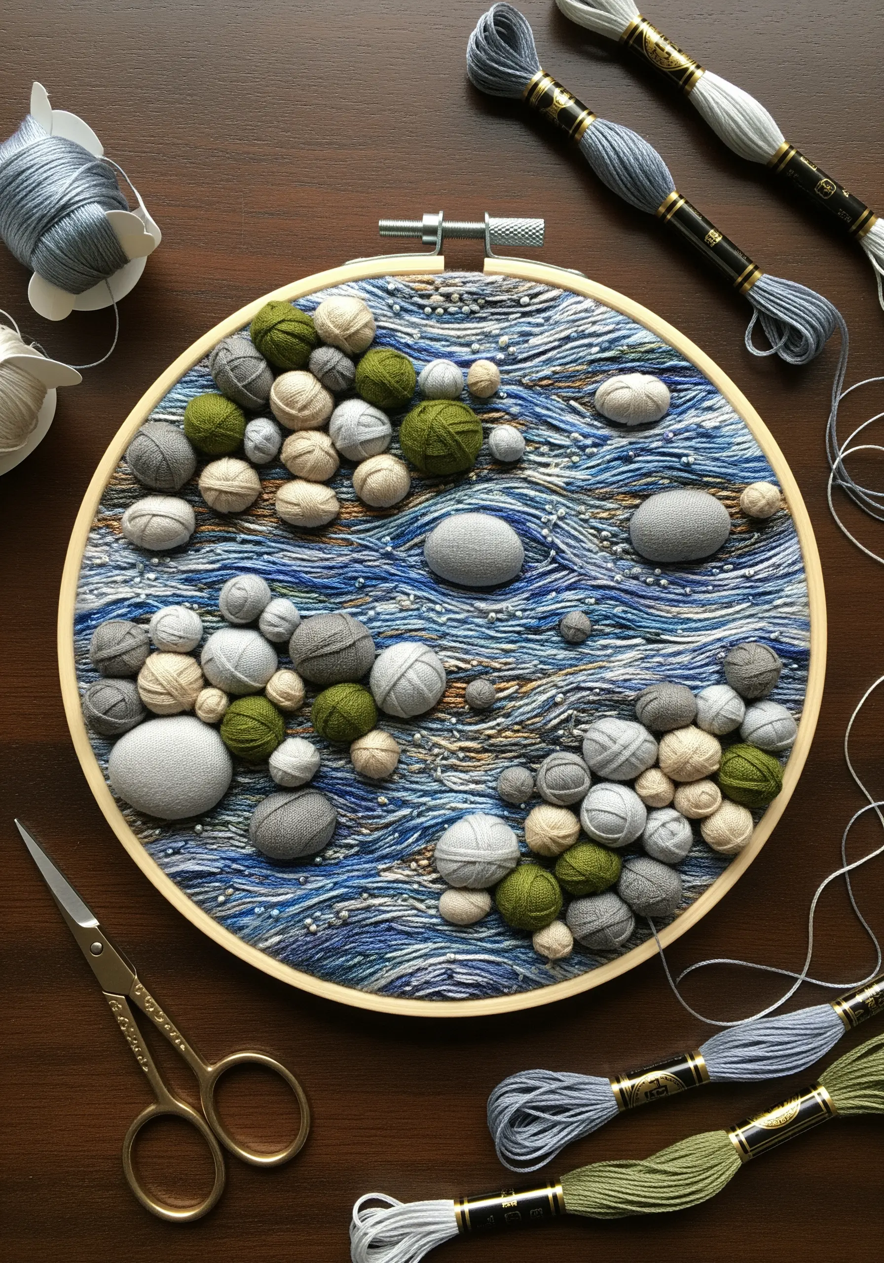 Embroidery hoop depicting a riverbed with 3D fabric-wrapped pebbles and flowing water stitches.