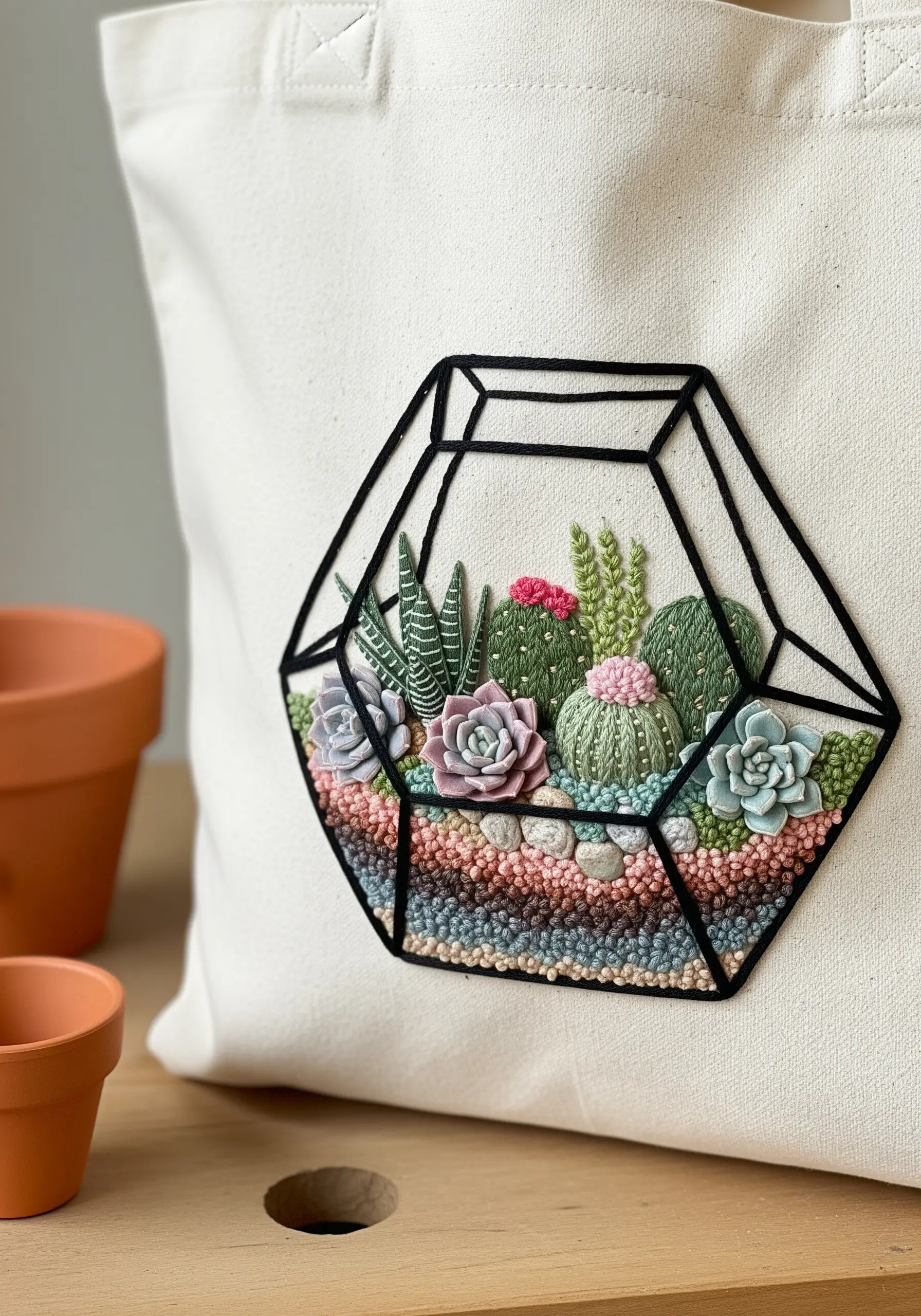 A highly textured, 3D embroidered succulent terrarium inside a geometric frame