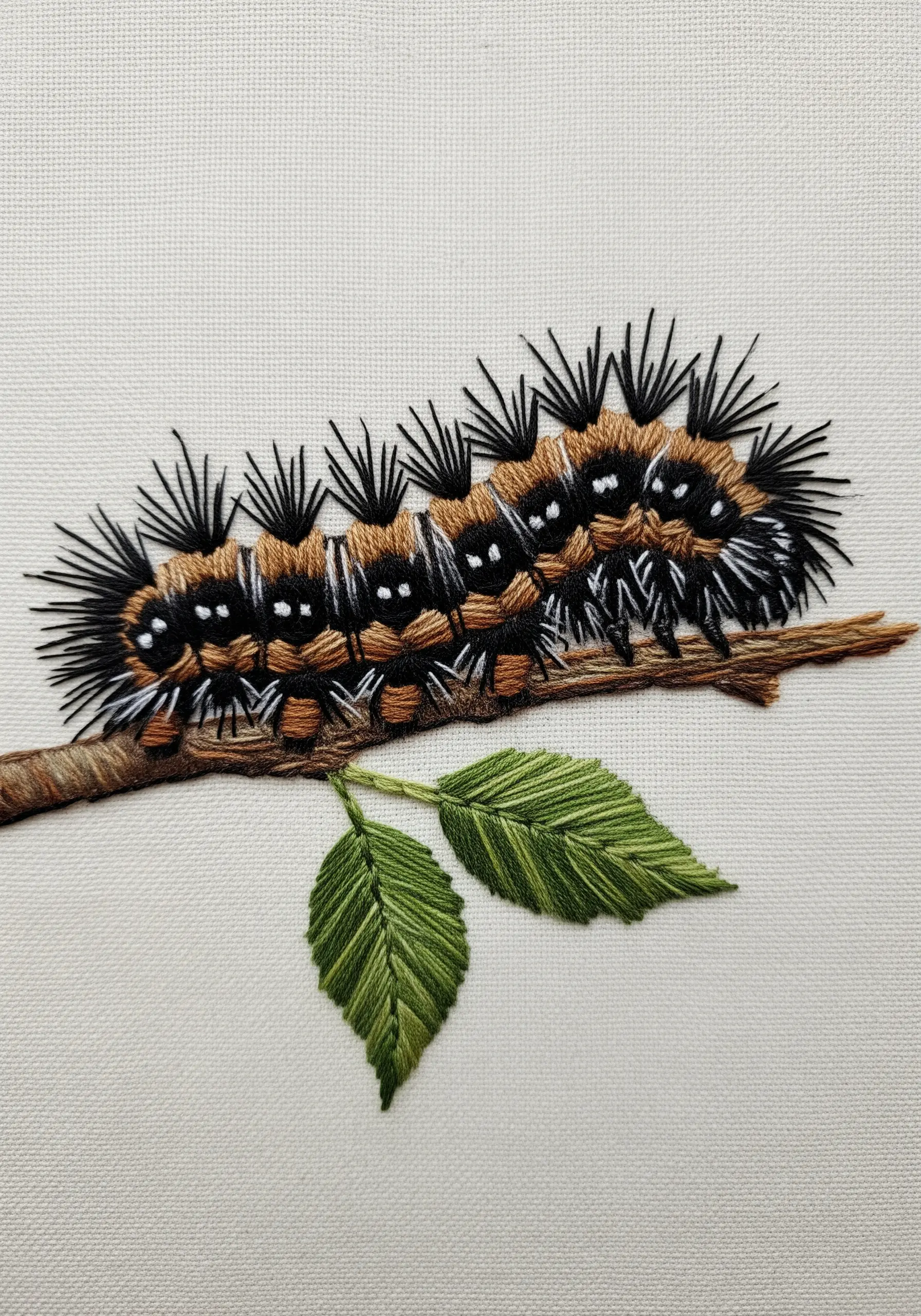 A close-up of a hairy caterpillar embroidered with French knots and spiky turkey work.