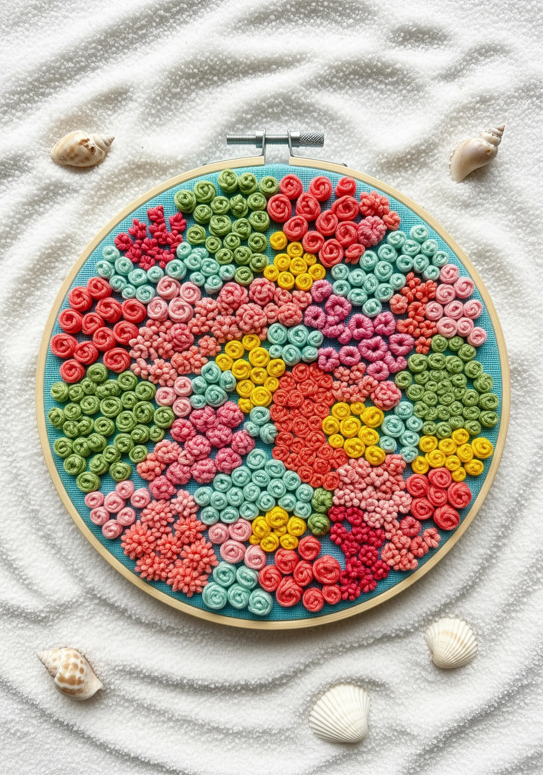 A colorful embroidery hoop filled with various knots and stitches mimicking a coral reef.